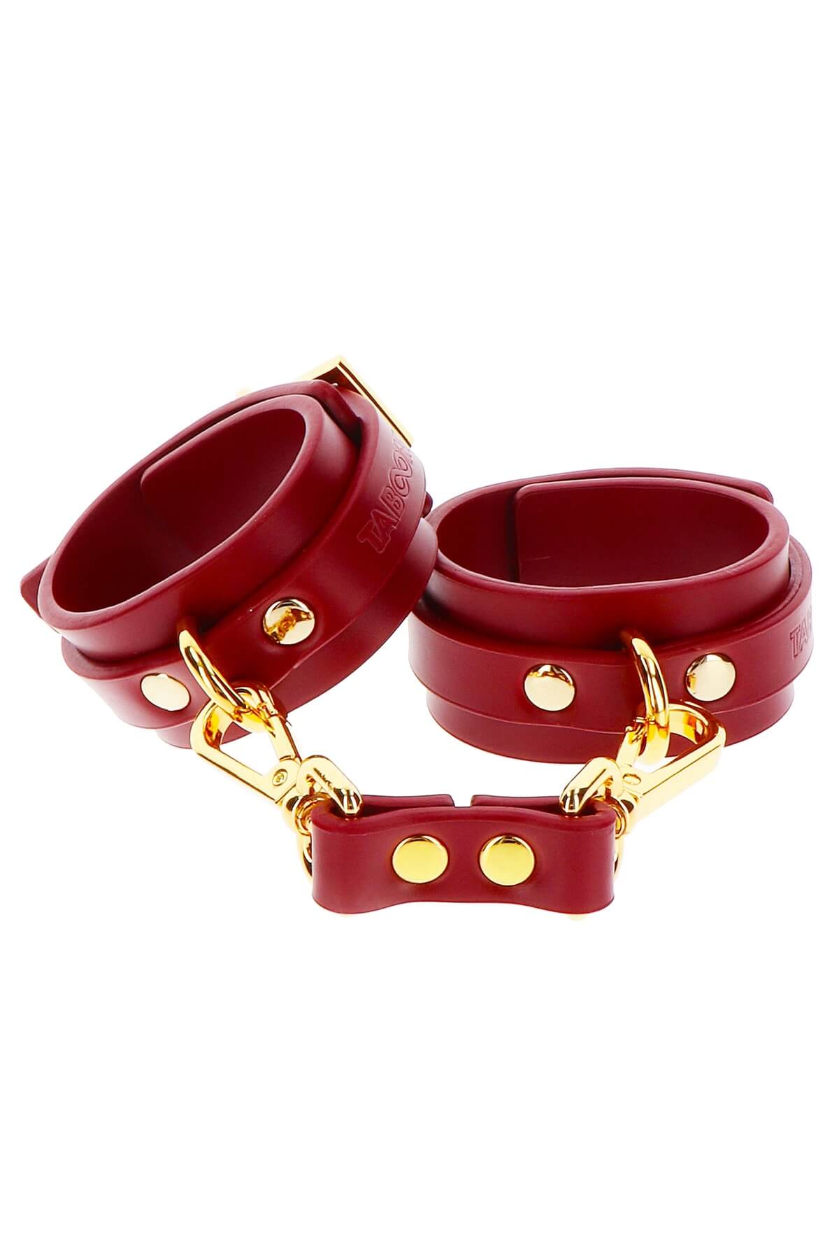 Catuse de maini din piele vegana Bondage in Luxury Wrist Cuffs, Bordo cu cleme aurii