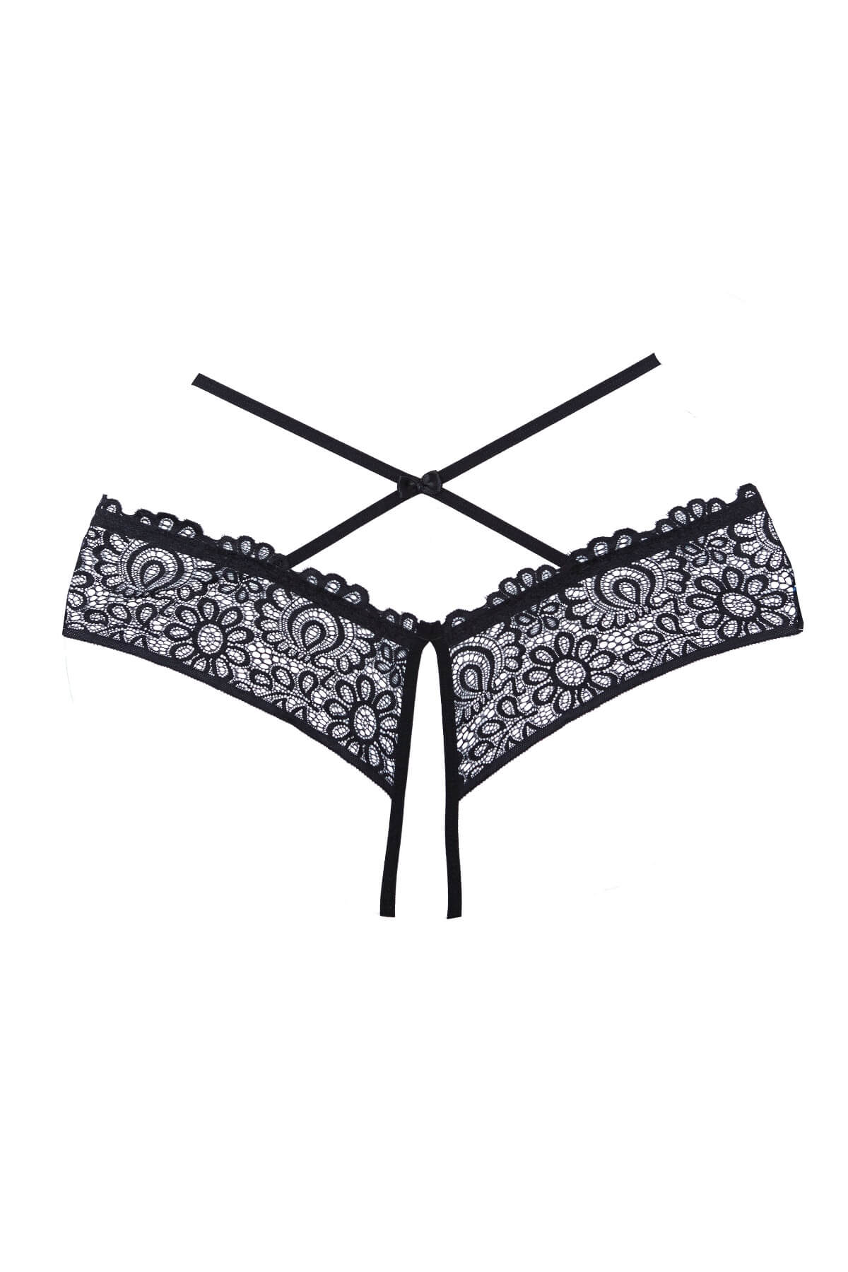 Chilot sexy de dama fara crotch din dantela florala si bretele incrucisate Crayzee, Negru, Spate