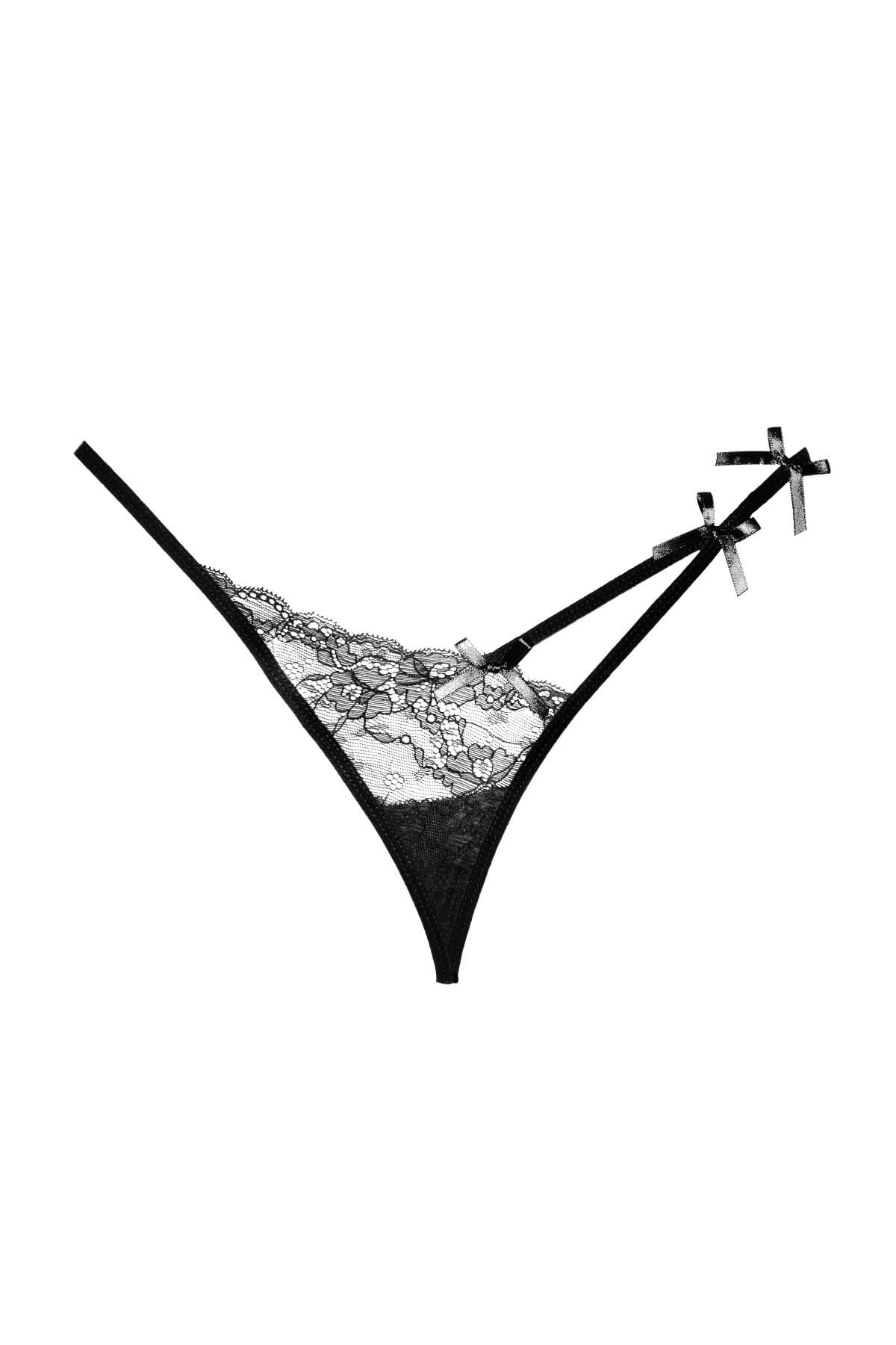 Chilot sexy tanga cu model asimetric de dantela Pixie, Negru, Fata