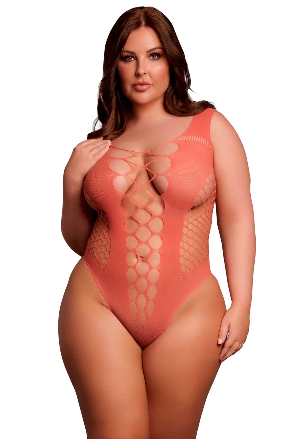 Body erotic plus-size din plasa cu decolteu DES019 rosu coral