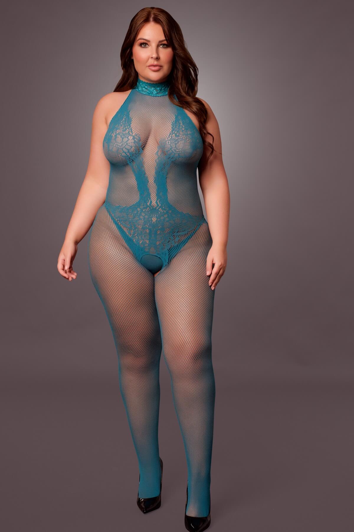 Bodystocking plus-size cu model pe gat din dantela si plasa DES026 albastru turcoaz - front full
