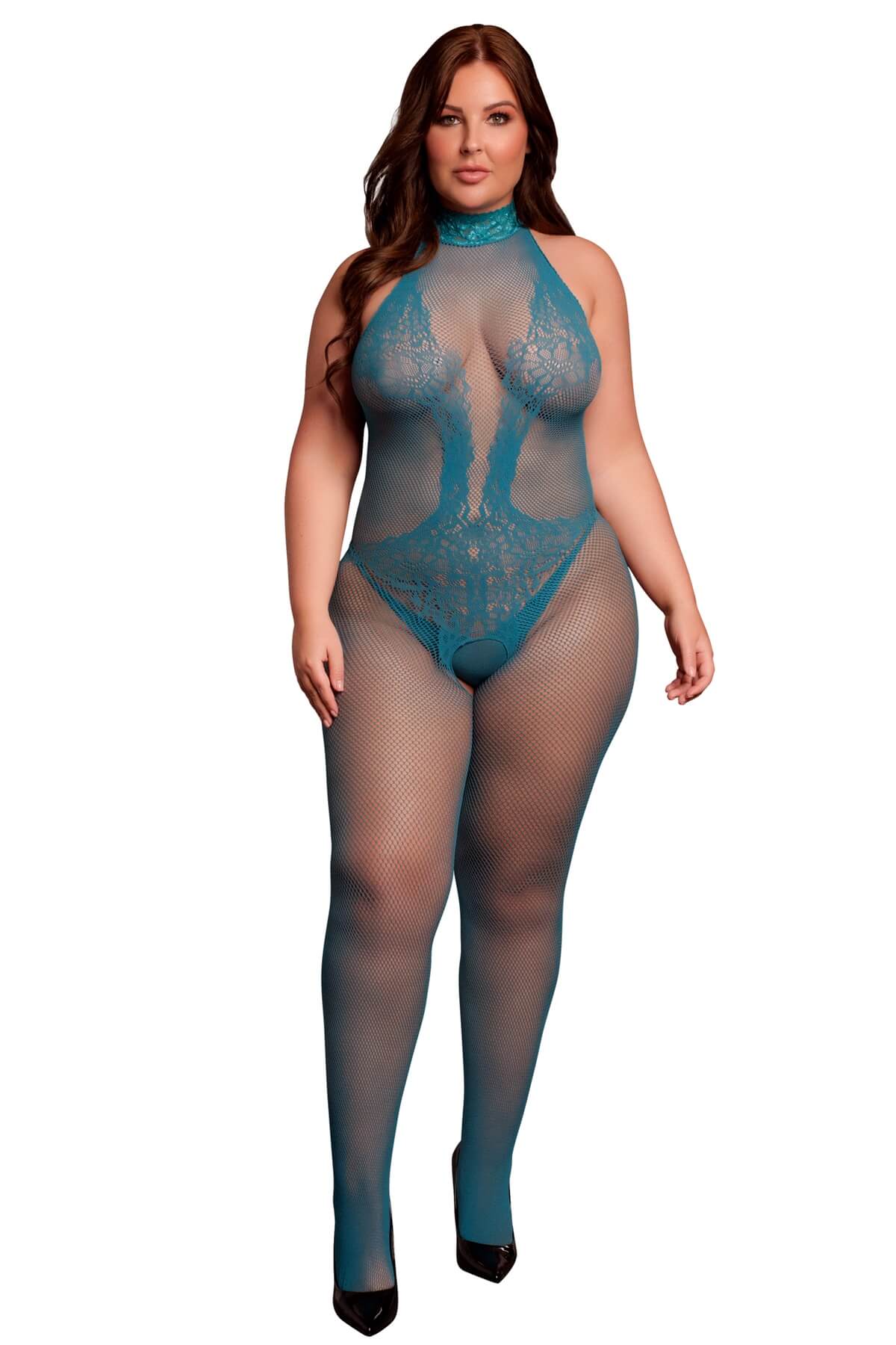 Bodystocking plus-size cu model pe gat din dantela si plasa DES026 blue turcoaz
