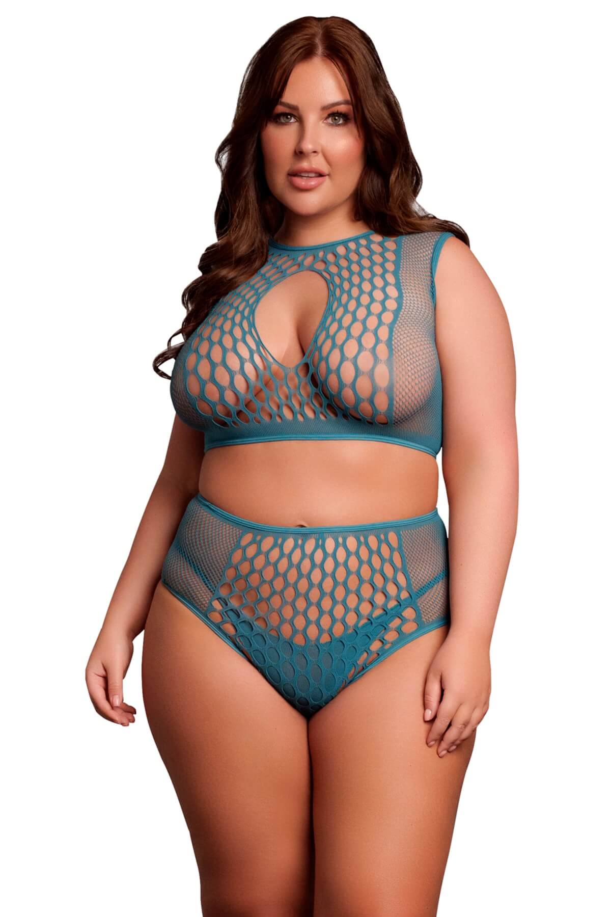 Set erotic plus-size din plasa cu ochiuri mari din 2 piese DES027 albastru turcoaz