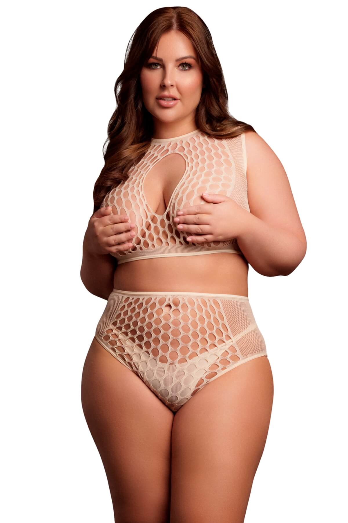 Set erotic plus-size din plasa cu ochiuri mari din 2 piese DES027 bej