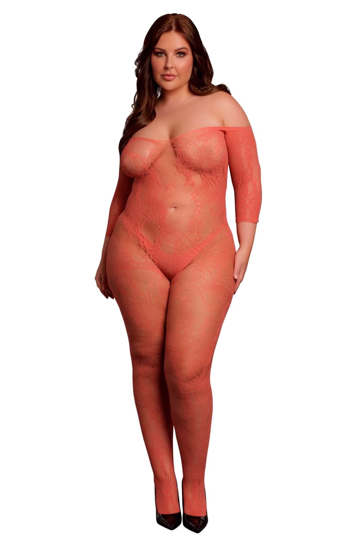 Catsuit plus-size din plasa florala cu maneci scurte si umerii goi DES033 rosu coral