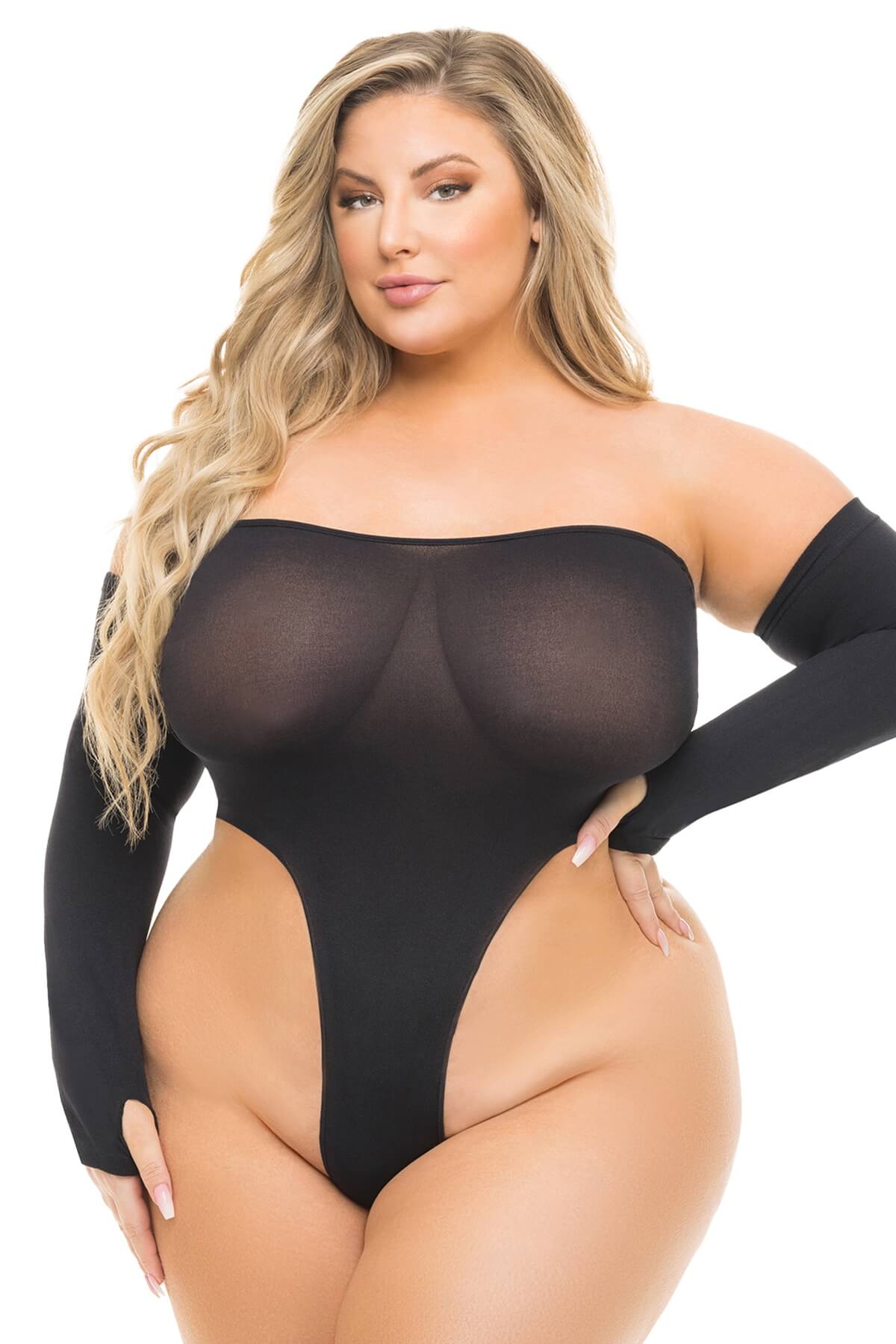 Body erotic plus-size din plasa fina cu manusi High AF, Negru