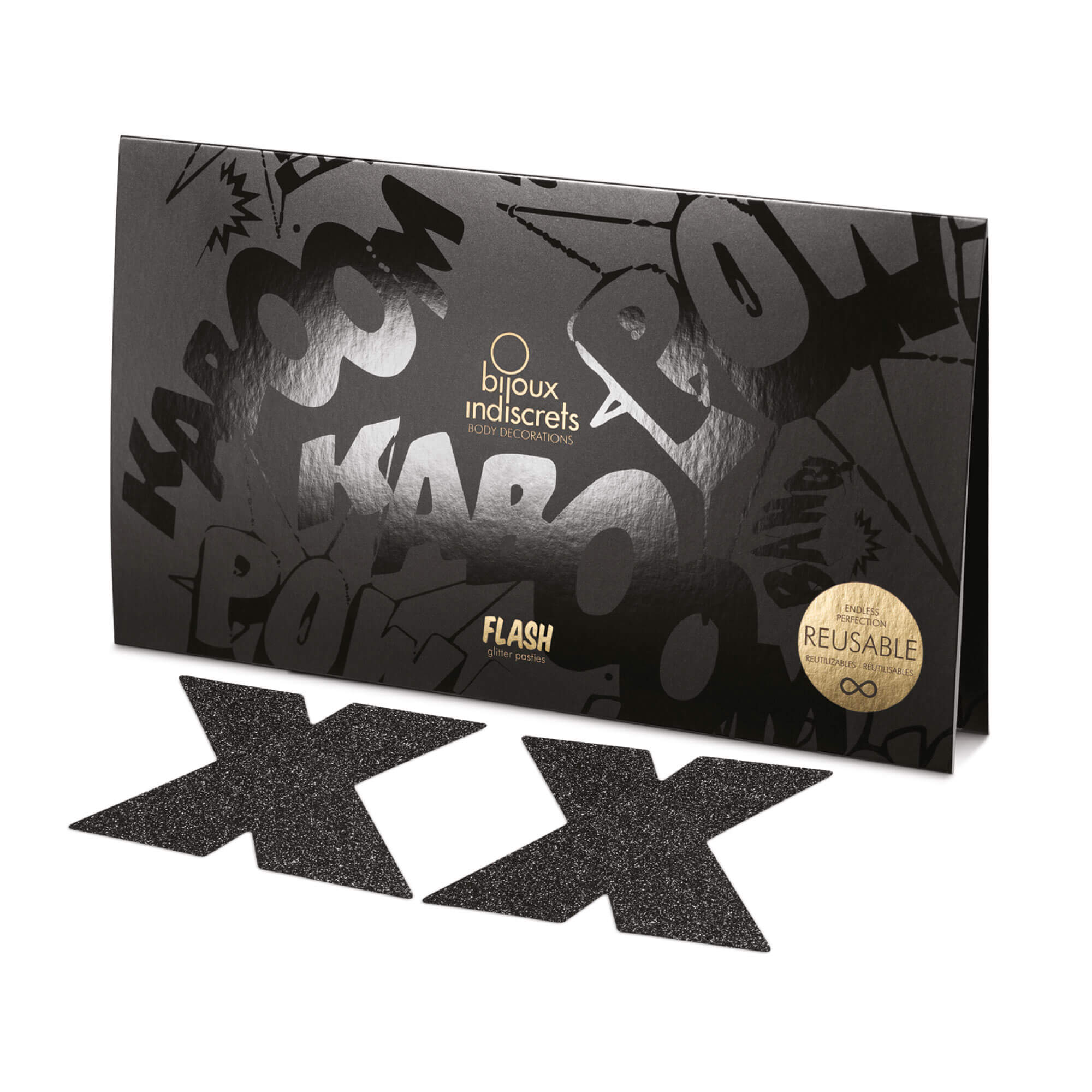 Accesorii autoadezive pentru sfarcuri cu sclipici Flash Cross, negru - cutie Bijoux Indiscrets