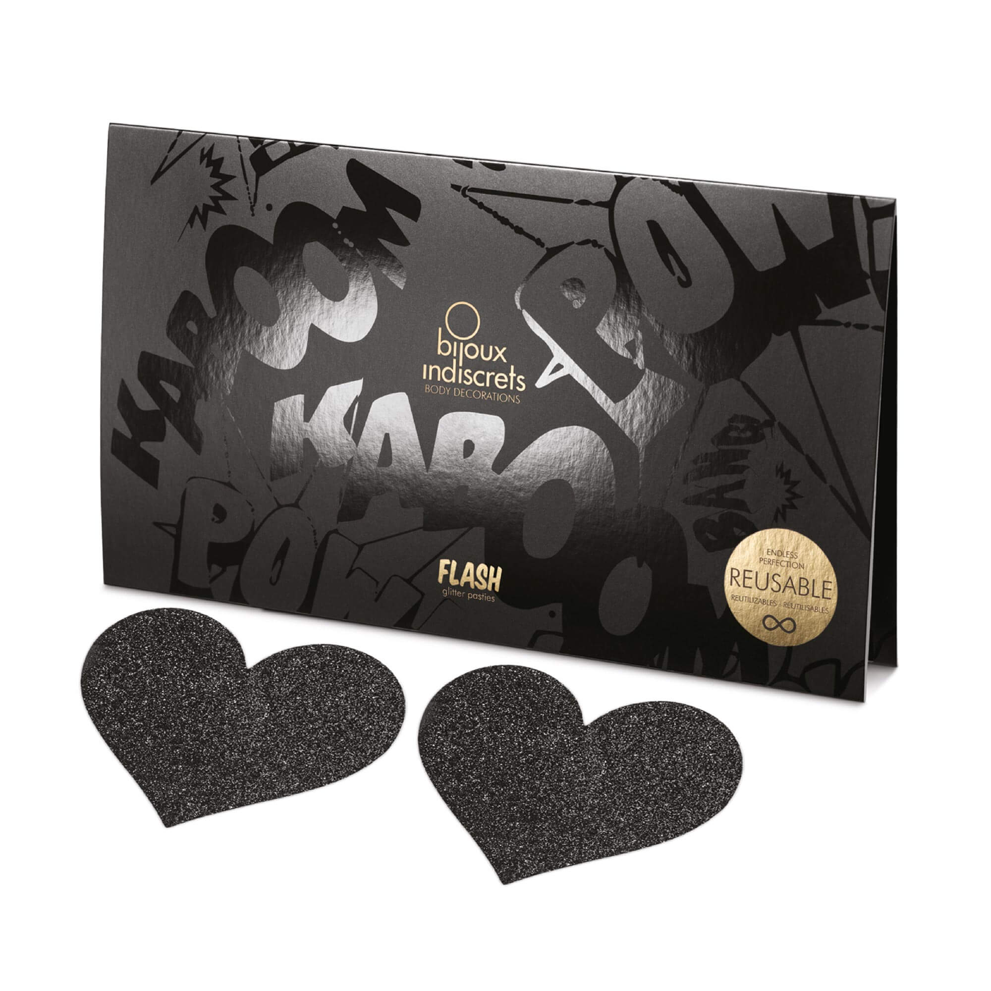 Accesorii autoadezive pentru sfarcuri Flash Heart cu sclipici · Negru - cutie Bijoux Indiscrets