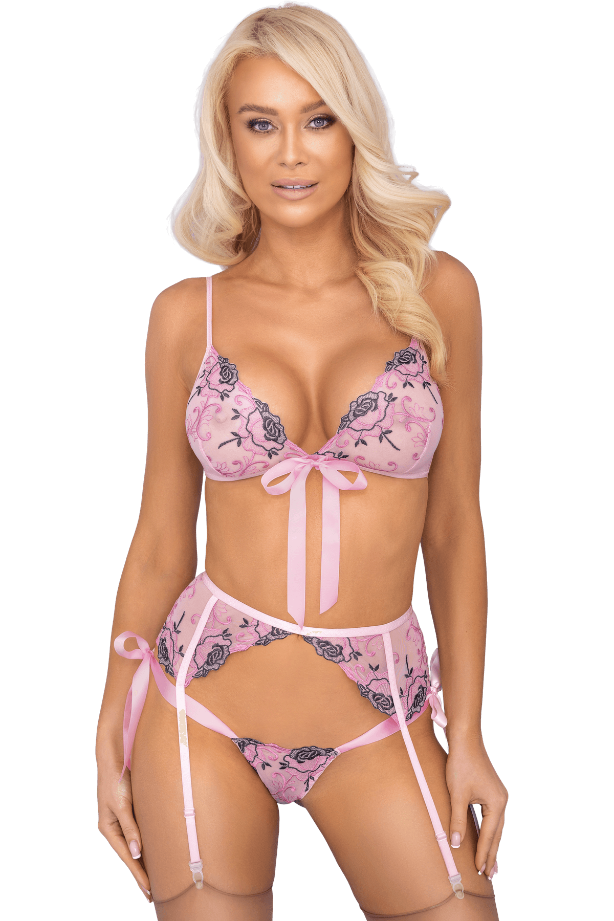 Set de lenjerie intima din plasa fina cu broderie florala roz si mov Isolde cu fundite - 3 piese sutien, portjartier, chilot - foarte sexy