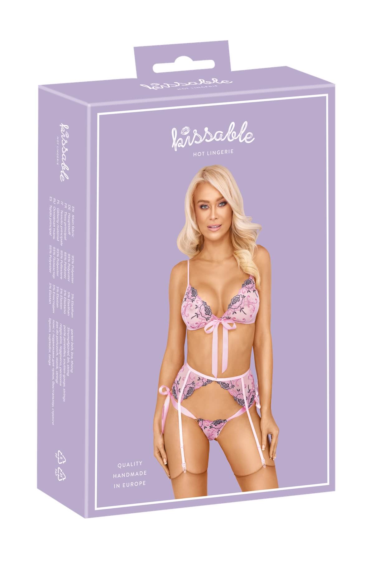Set de lenjerie intima din plasa fina cu broderie florala roz si mov Isolde cu fundite - 3 piese sutien, portjartier, chilot - box