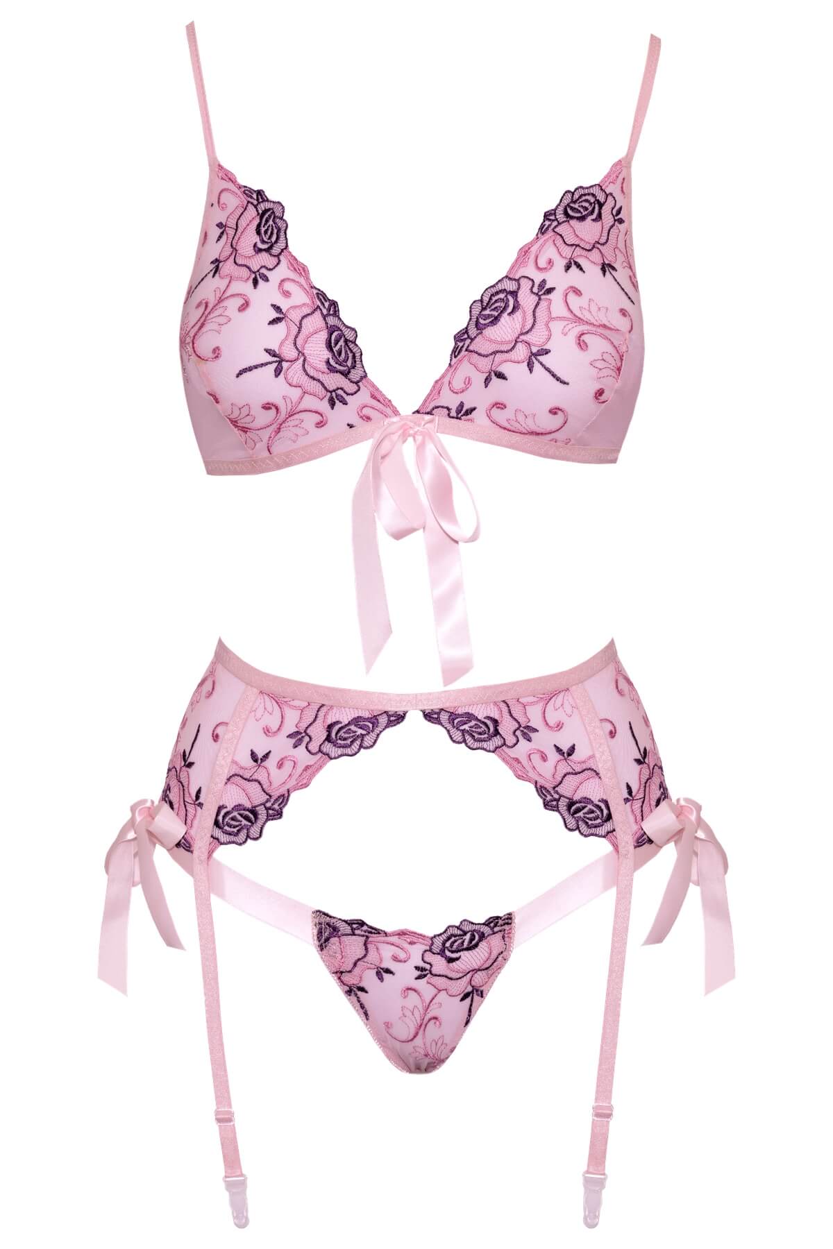 Set de lenjerie intima din plasa fina cu broderie florala roz si mov Isolde cu fundite - 3 piese sutien, portjartier, chilot - ghost front