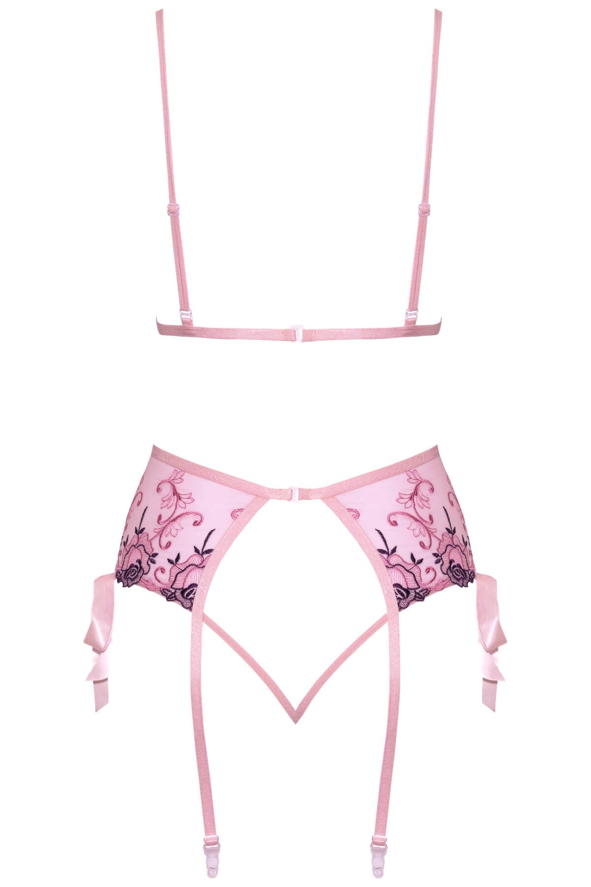 Set de lenjerie intima din plasa fina cu broderie florala roz si mov Isolde cu fundite - 3 piese sutien, portjartier, chilot - ghost back