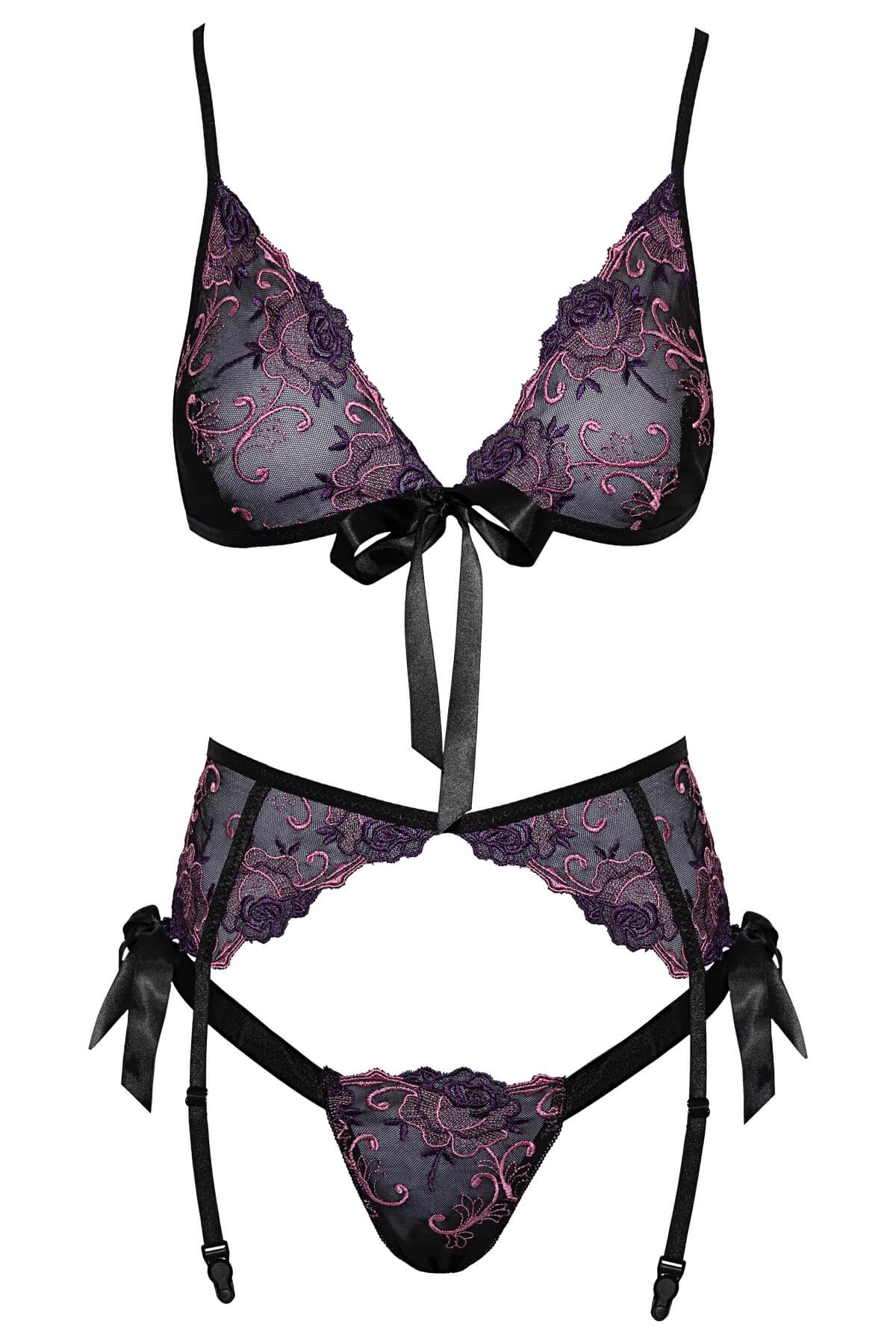 Set sexi de lenjerie intima din plasa neagra cu broderie mov Annalise - 3 piese sutien, portjartier si chilot - cu fundite -  ghost front