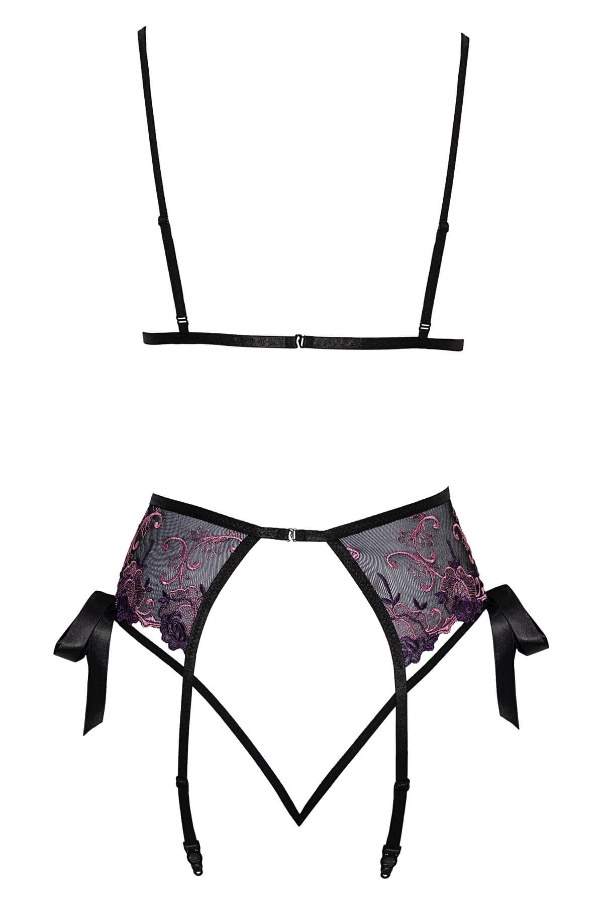 Set sexi de lenjerie intima din plasa neagra cu broderie mov Annalise - 3 piese sutien, portjartier si chilot - cu fundite -  ghost back