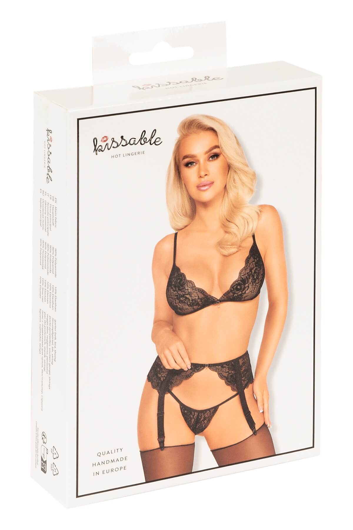 Set clasic de lenjerie intima din dantela neagra din 3 piese Kendra - sutien fara intaritura, portjartier si chilot - box