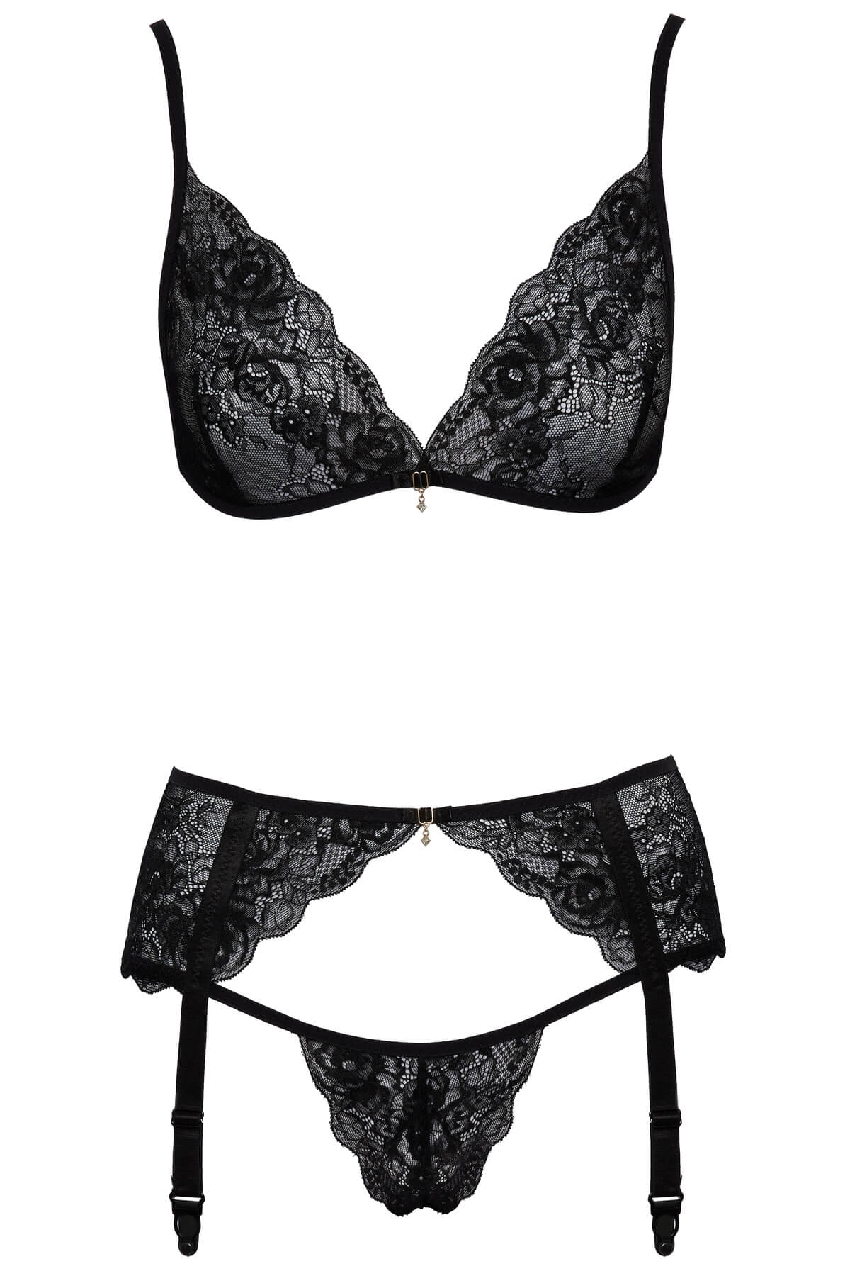 Set clasic de lenjerie intima din dantela neagra din 3 piese Kendra - sutien fara intaritura, portjartier si chilot - ghost front