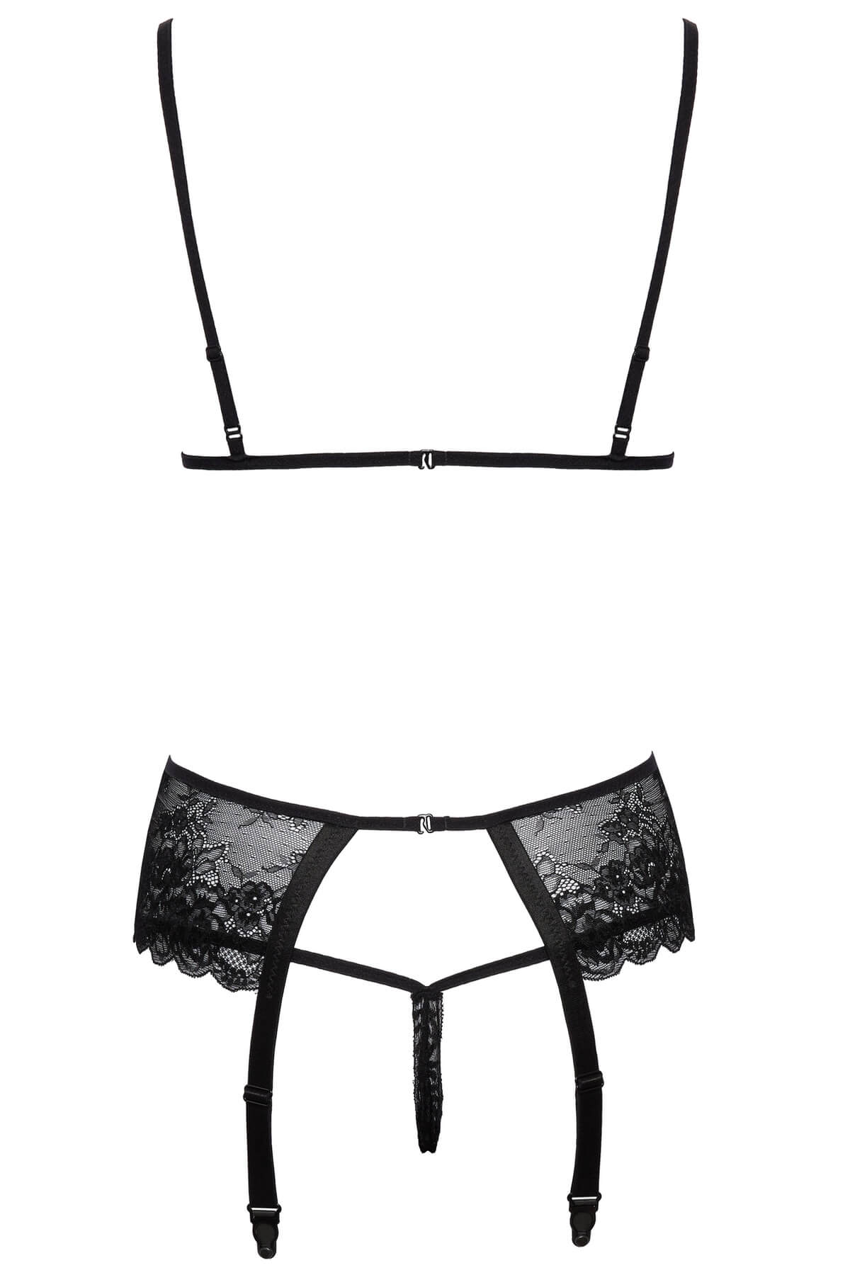 Set clasic de lenjerie intima din dantela neagra din 3 piese Kendra - sutien fara intaritura, portjartier si chilot - ghost back