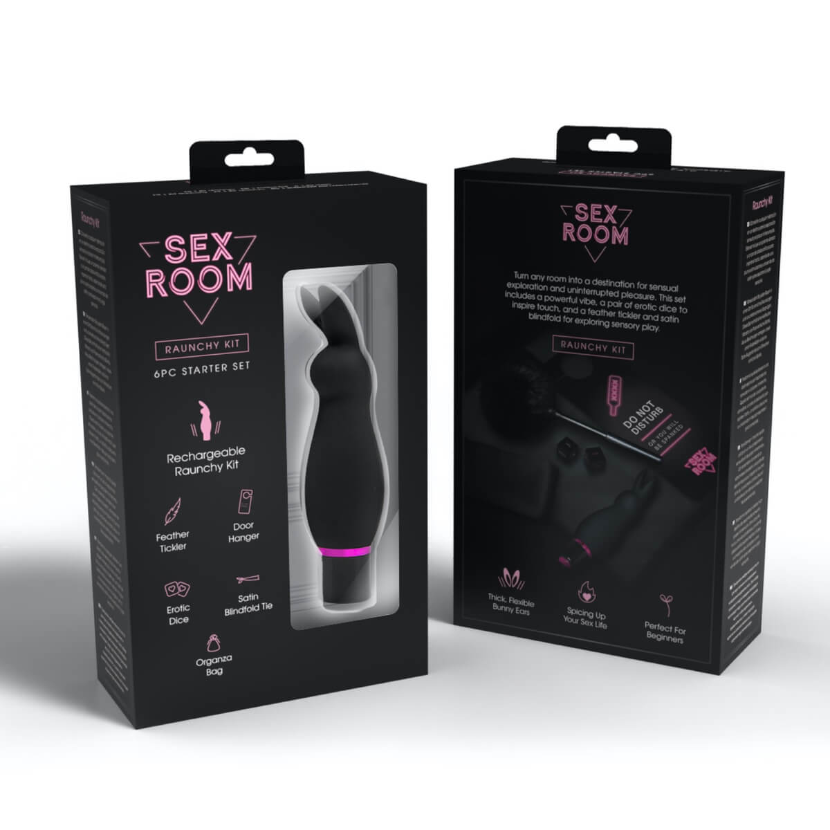 Set erotic pentru adulți cu vibrator cu urechiușe și accesorii senzuale. Ideal pentru cupluri, stimulare intensă și jocuri incitante. Raunchy Kit – 6 piese premium - box