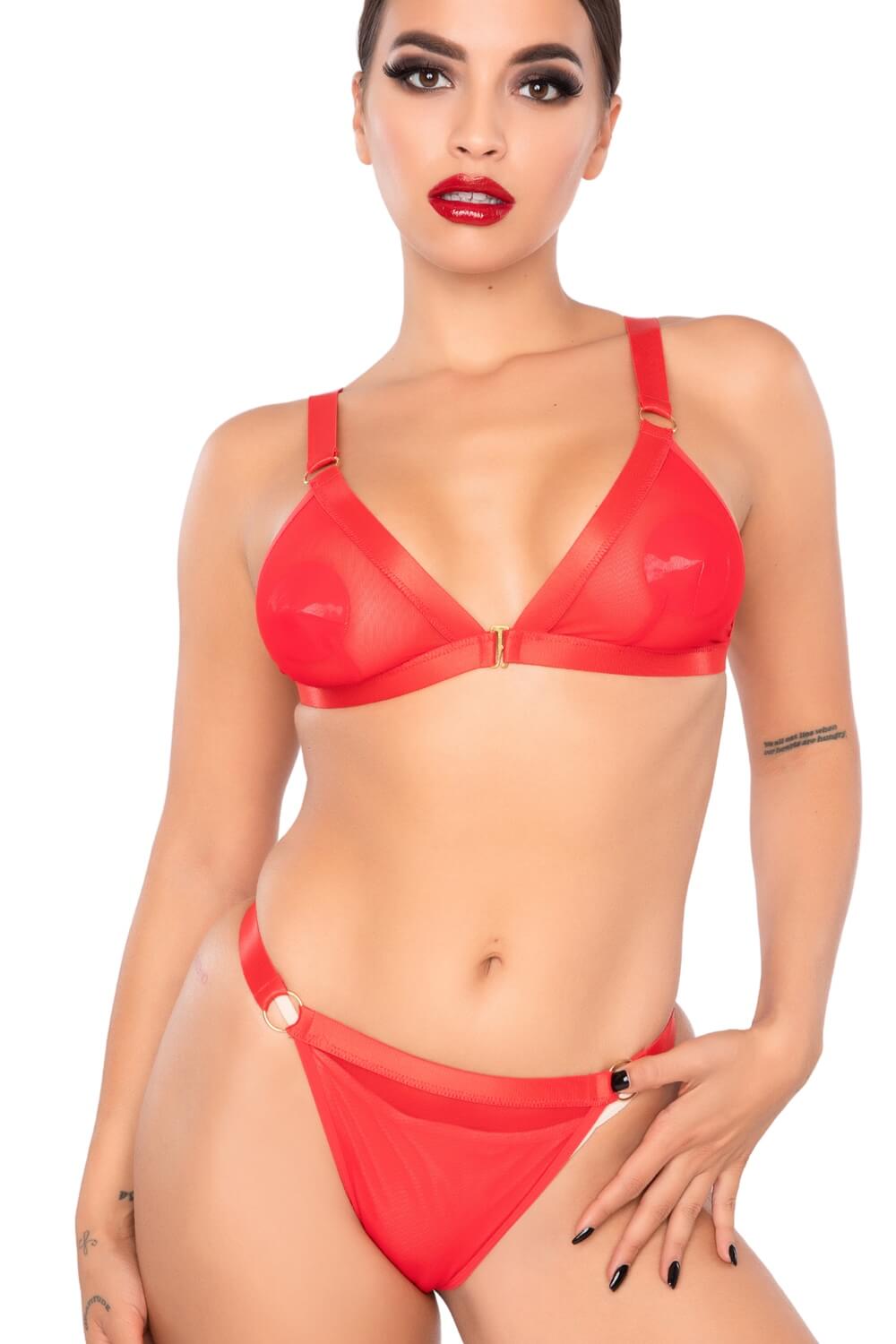 set de lenjerie intima 2 piese din plasa spicy set , fata , rosu