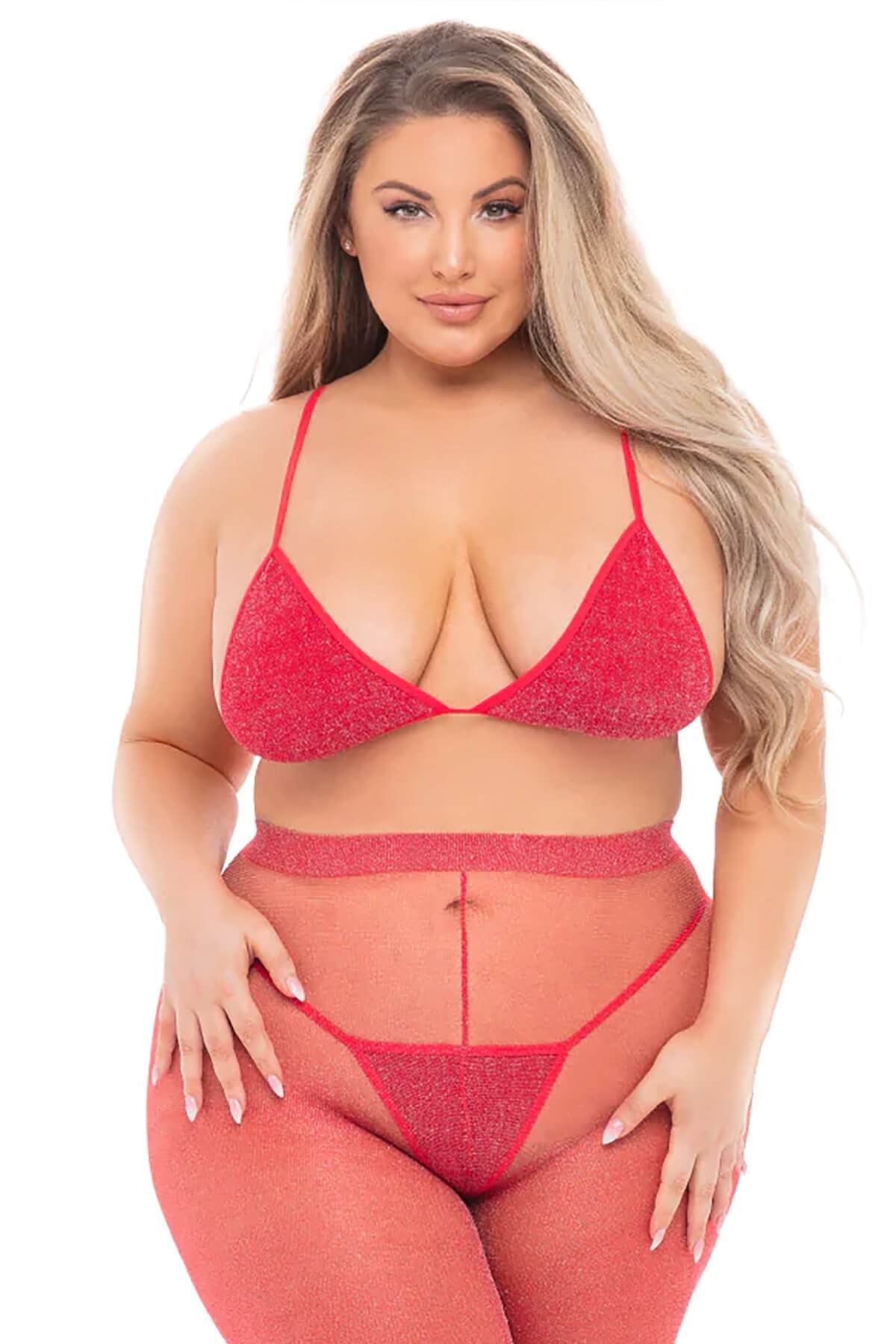 Set de lenjerie erotica plus-size cu colanti stralucitori Tall Order, Rosu - zoom 2