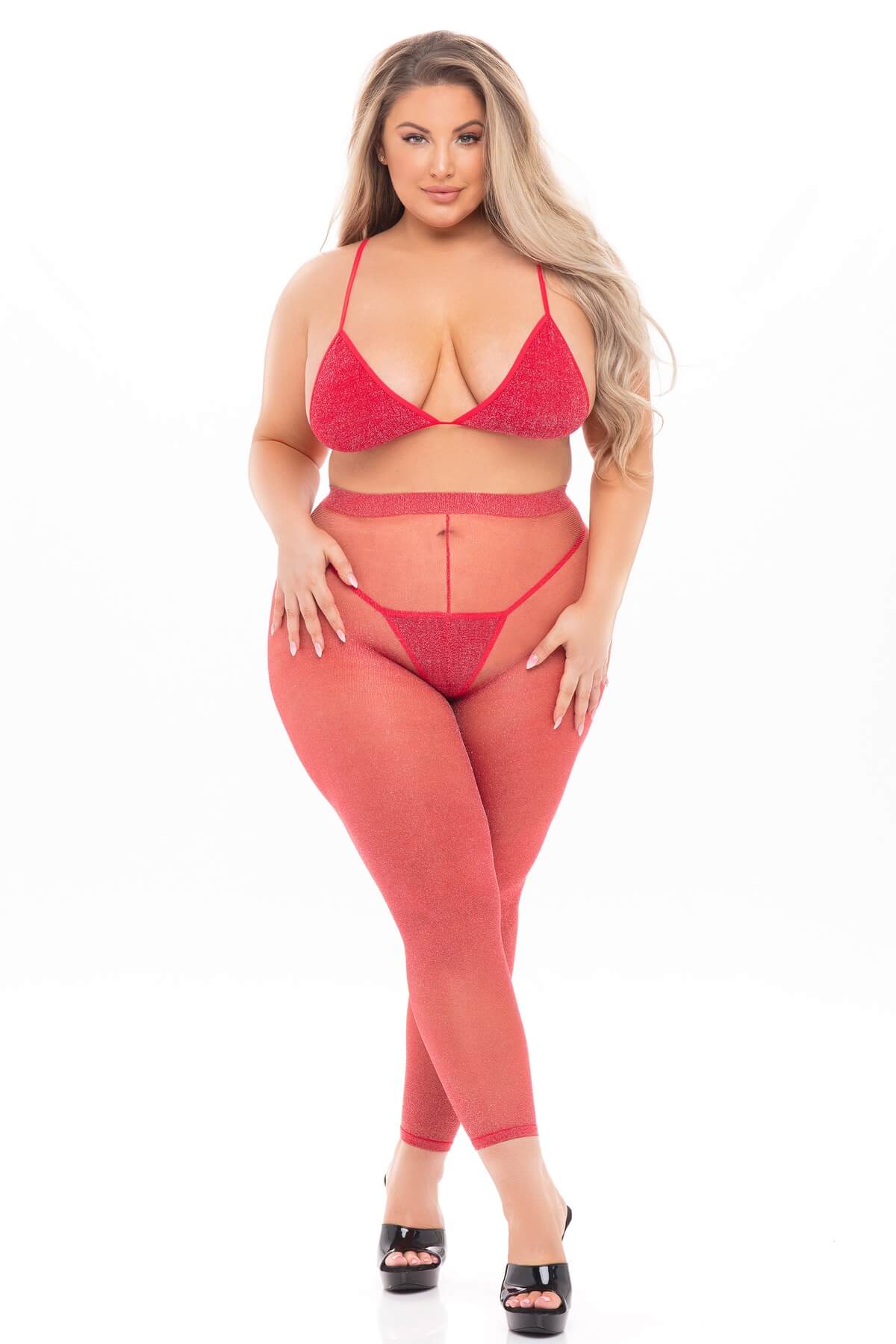 Set de lenjerie erotica plus-size cu colanti stralucitori Tall Order, Rosu