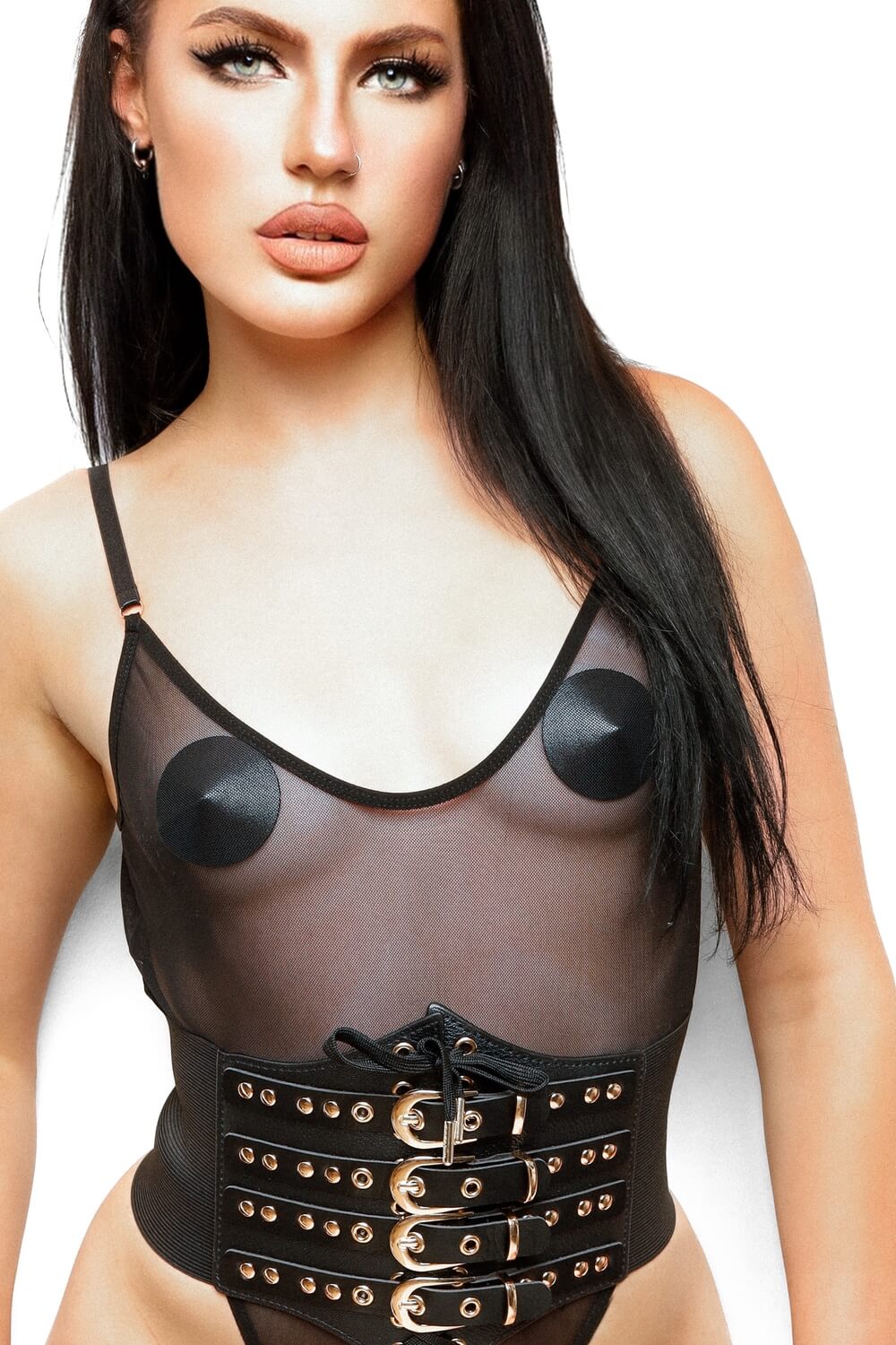 Centura corset pentru talie din piele vegana cu detalii aurii, model