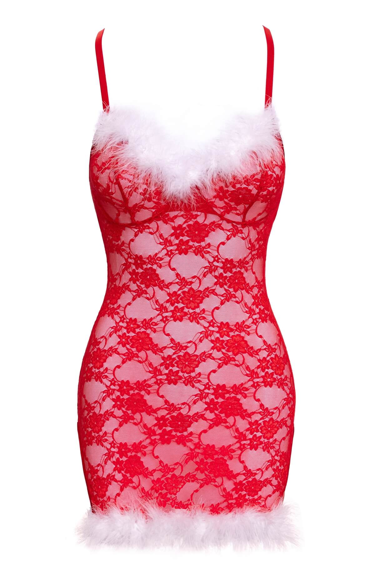 Costum craciunita sexy din dantela transparenta rosie cu pene albe, Rosu / Alb - doar produs fata