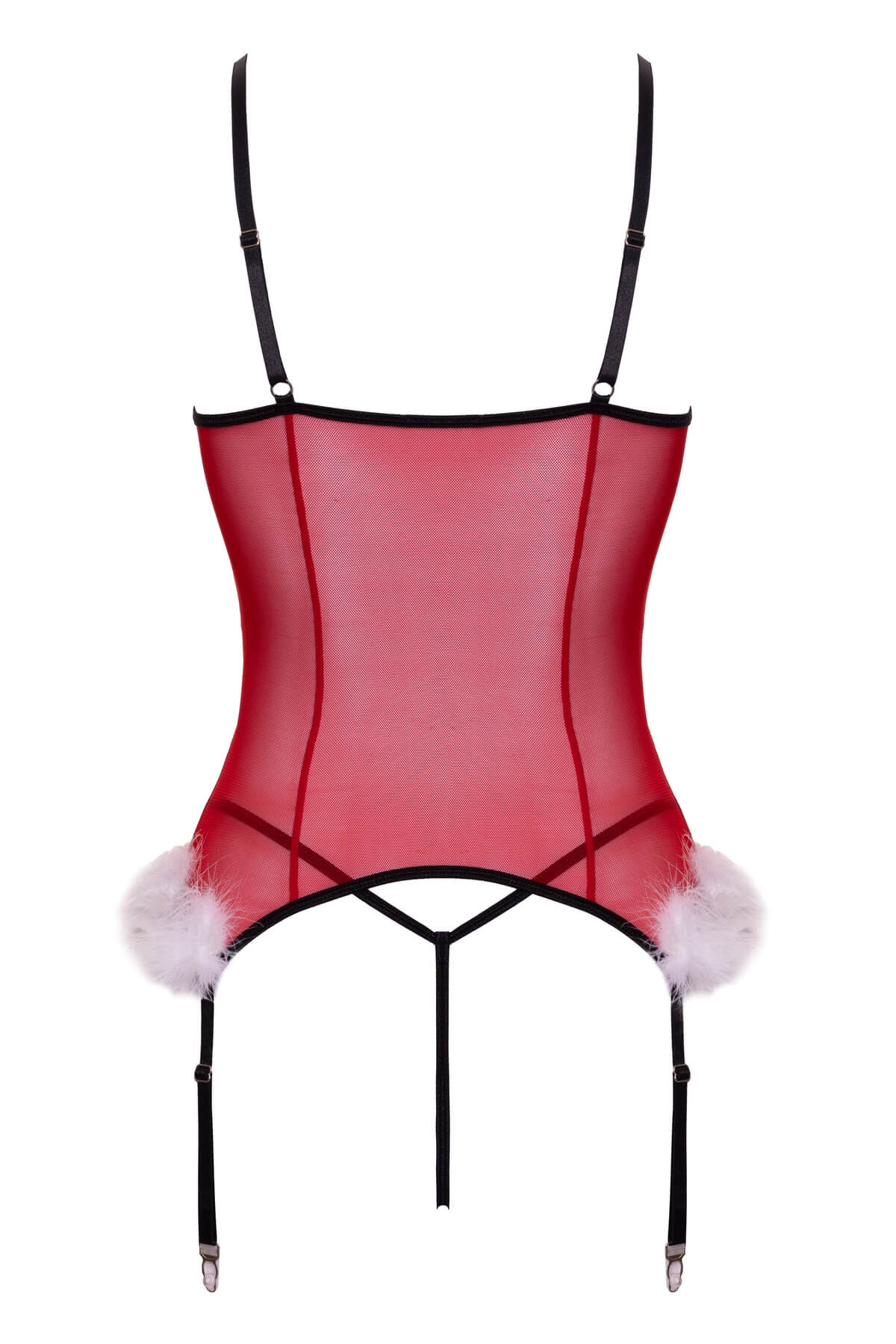 Set de craciunita sexy compus din 2 piese - corset cu portjartier si chilot string - din powernet rosu completat cu pene albe - articol din spate