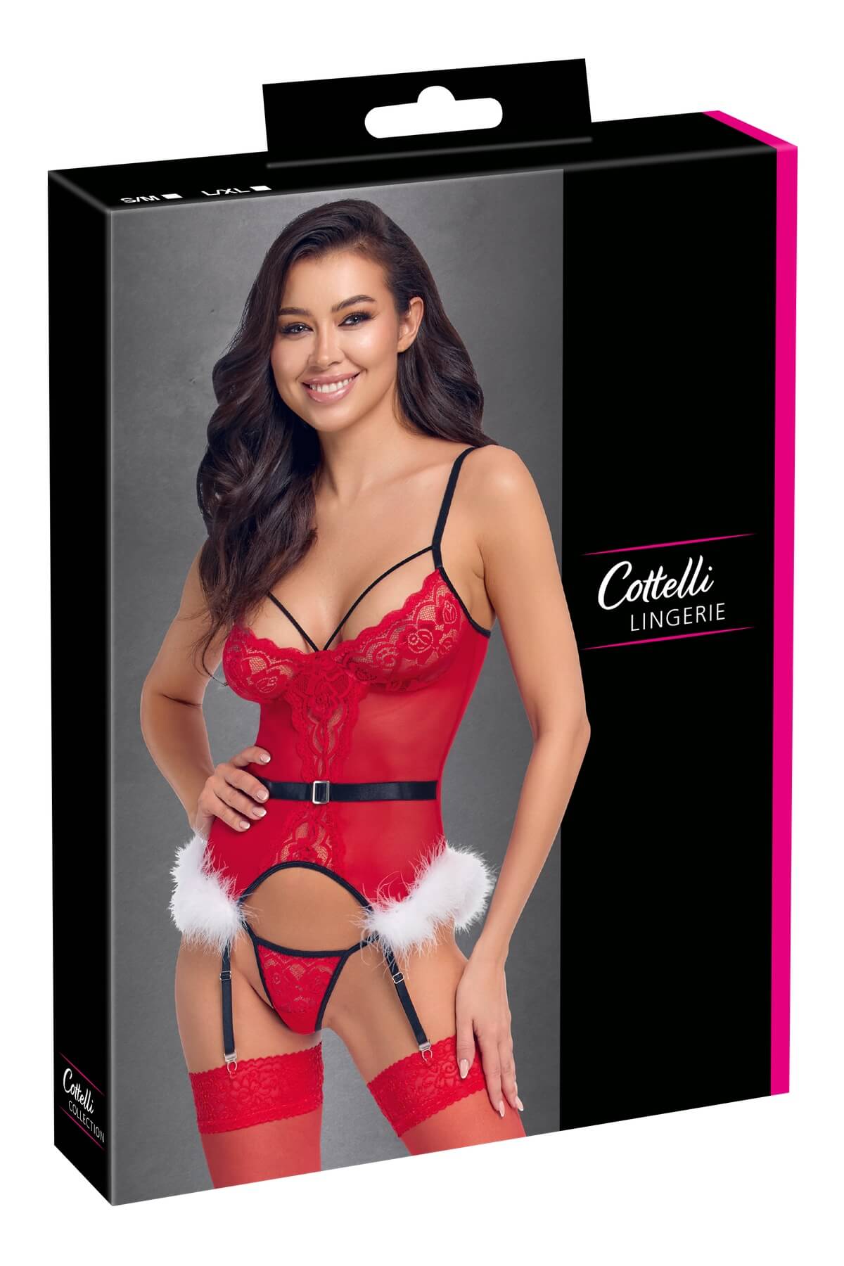 Set de craciunita sexy compus din 2 piese - corset cu portjartier si chilot string - din powernet rosu completat cu pene albe - cutie