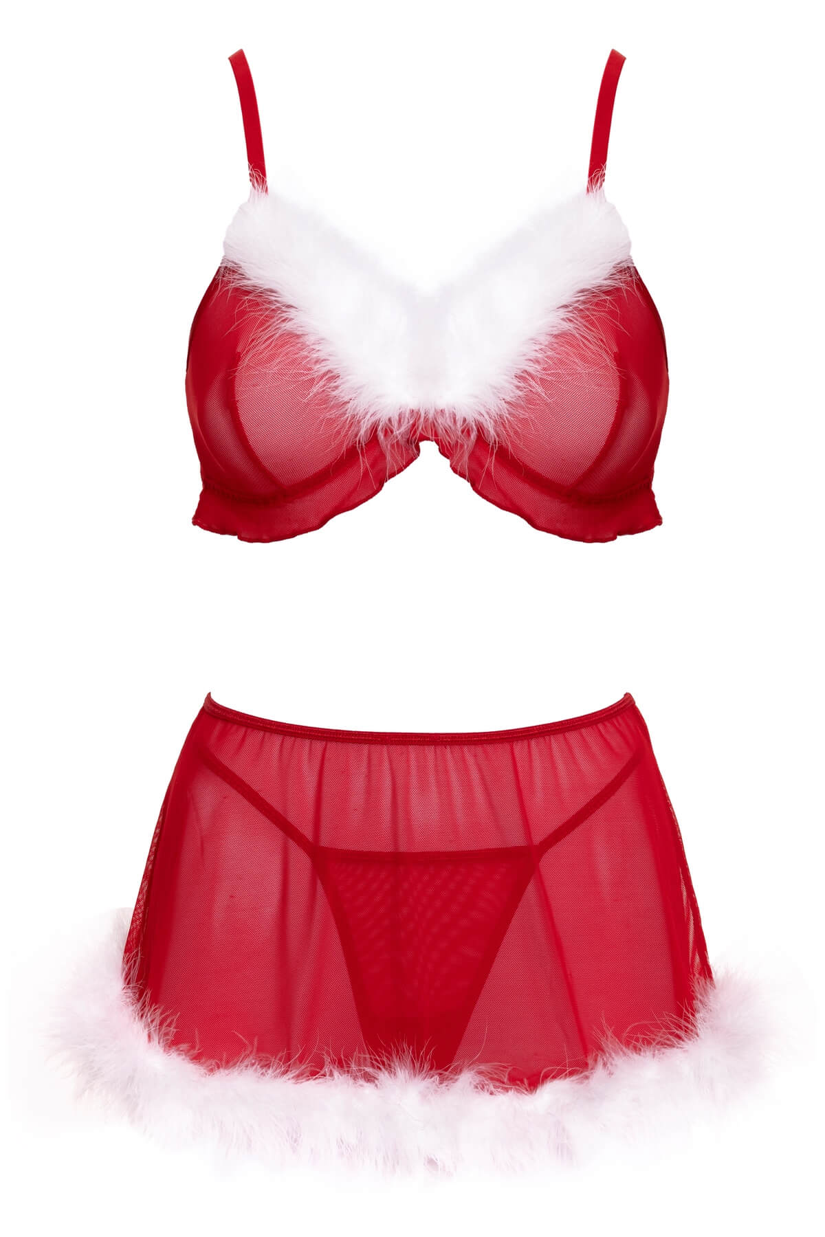Set de craciunita sexy compus din 3 piese - sutien, fustita si chilot string - din powernet rosu completat cu pene albe - produsul din fata