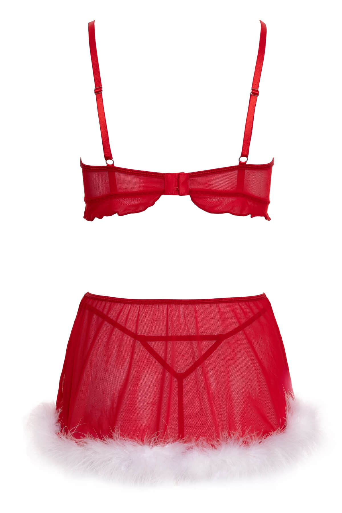 Set de craciunita sexy compus din 3 piese - sutien, fustita si chilot string - din powernet rosu completat cu pene albe - produsul din spate