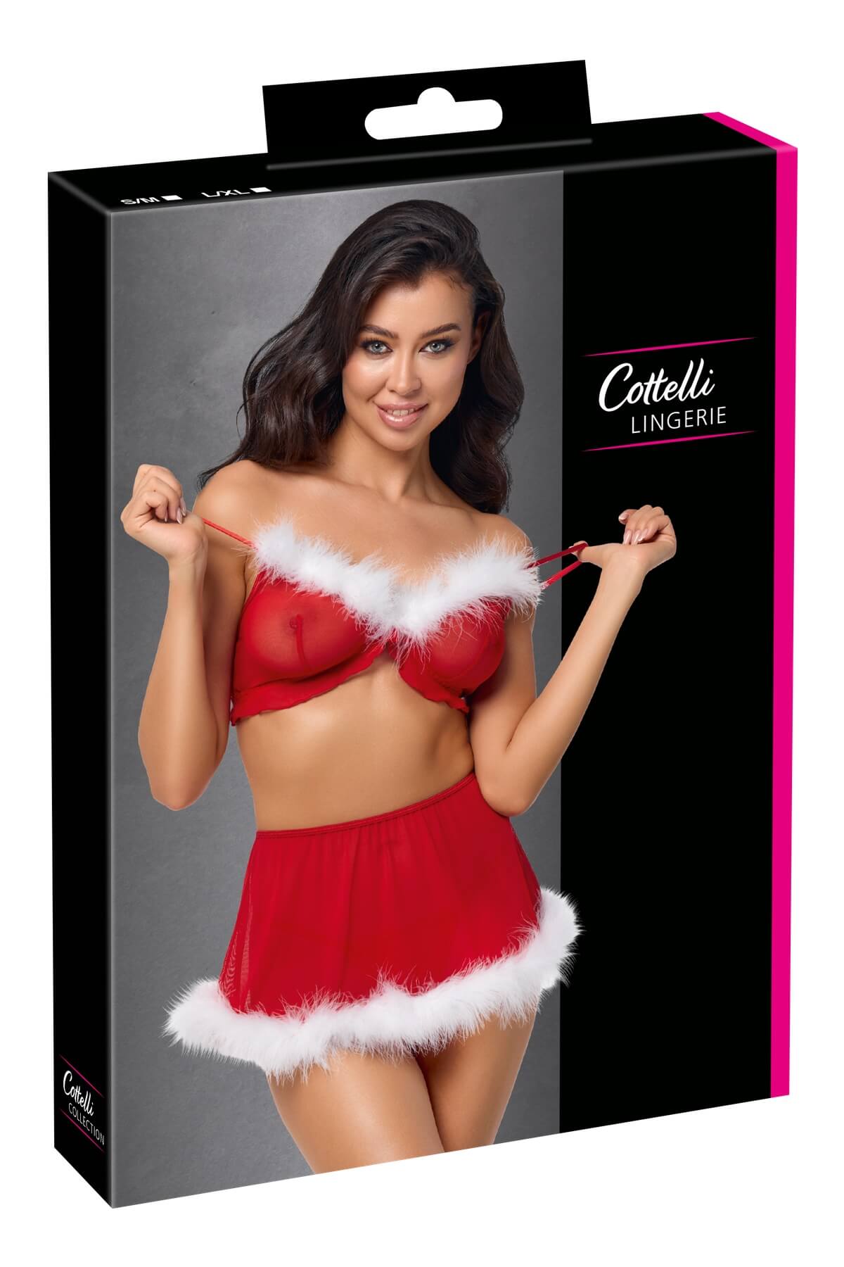 Set de craciunita sexy compus din 3 piese - sutien, fustita si chilot string - din powernet rosu completat cu pene albe - box