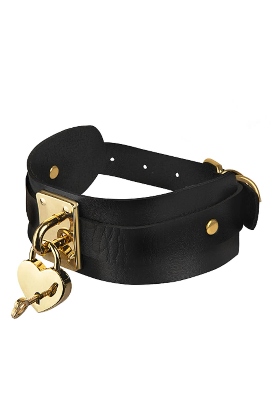 colier choker lat din piele vegana neagra cu accesoriu lacat si chei forma de inima auriu