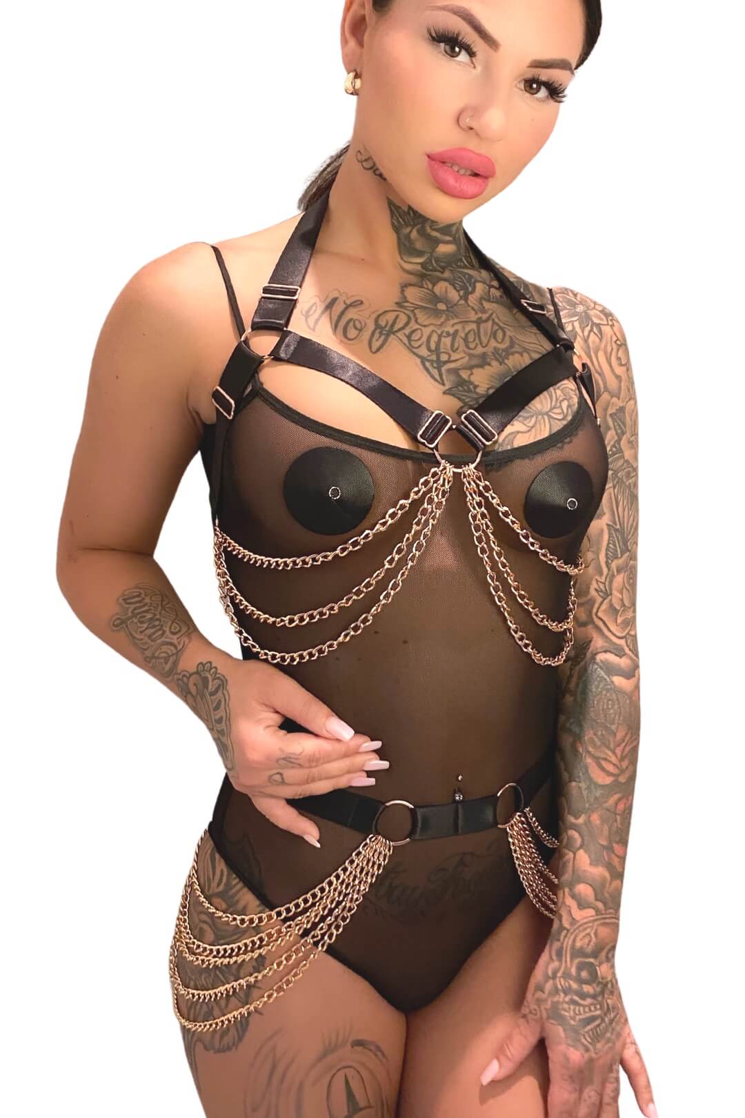 set erotic harness cu ham dama cu lanturi rose gold kinky diva