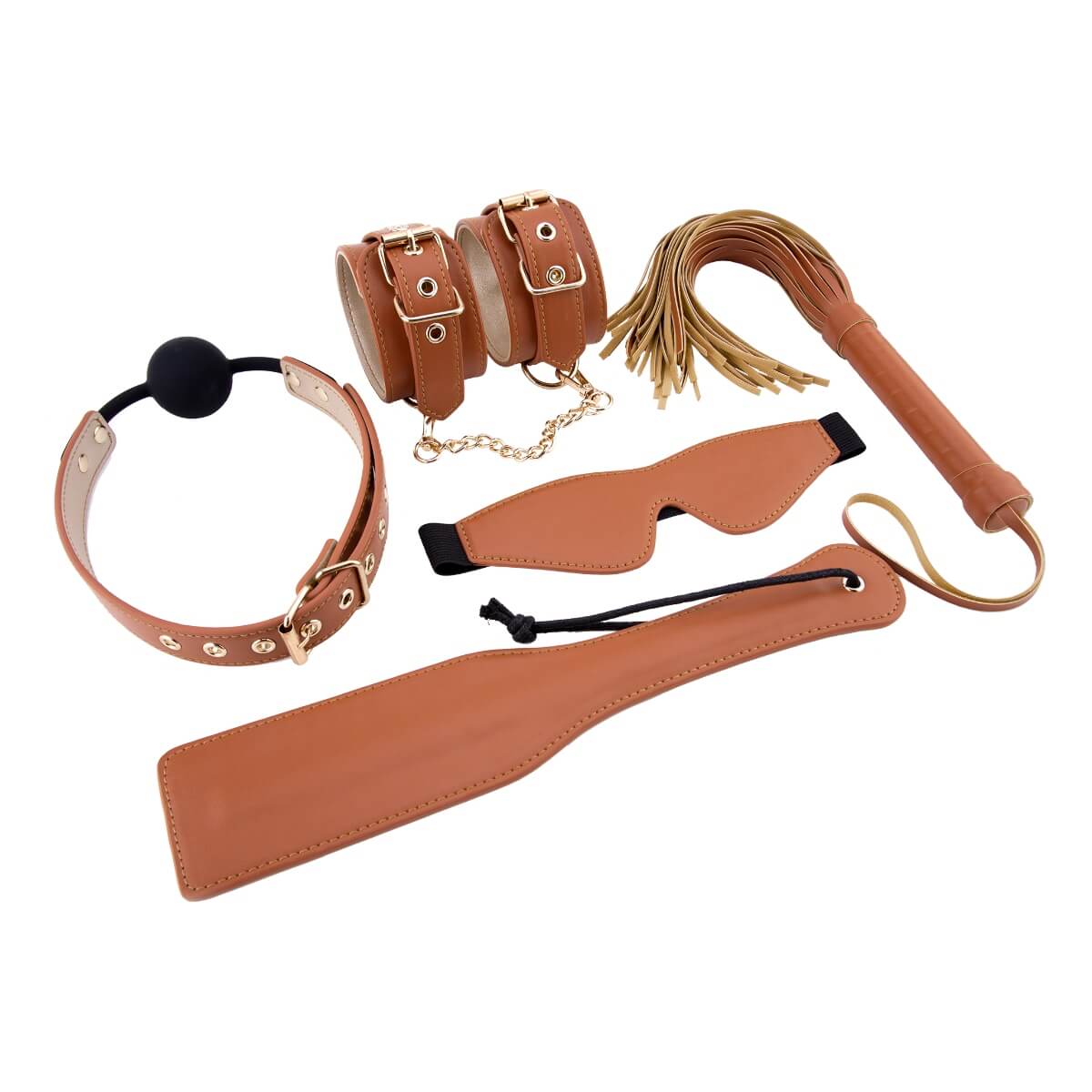 Set accesorii bdsm din piele vegana maro cu accente metalice aurii Blaze Elite