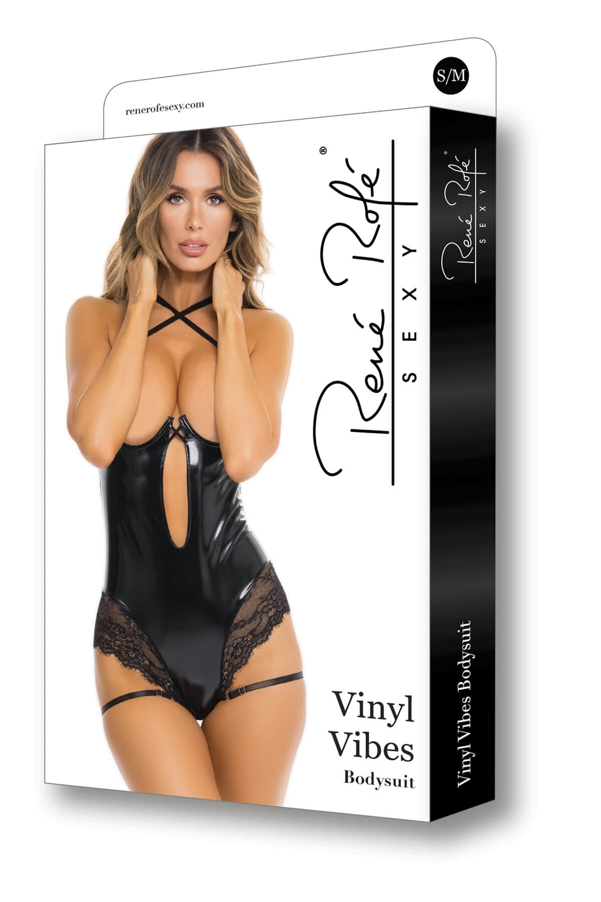 Body erotic de dama din vinilin negru cu cupe decupate si dantela pe solduri Vinyl Vibes prezentare cutie