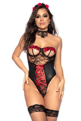 Costum Sexy tip Body Dantela Neagra cu Contrast Rosu Mapale