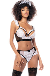 Costum Menajera Sexy Flirty Maid din Dantela Alba si Mesh Negru