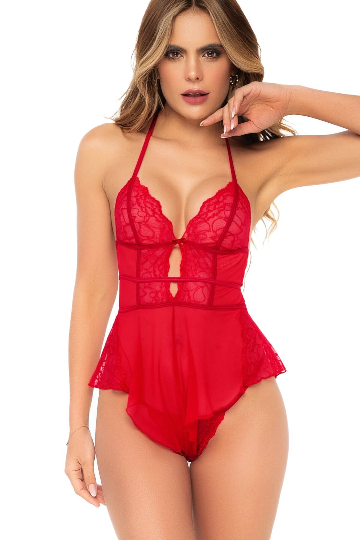 Body sexy de dama din dantela cu volanse Valentine, Rosu