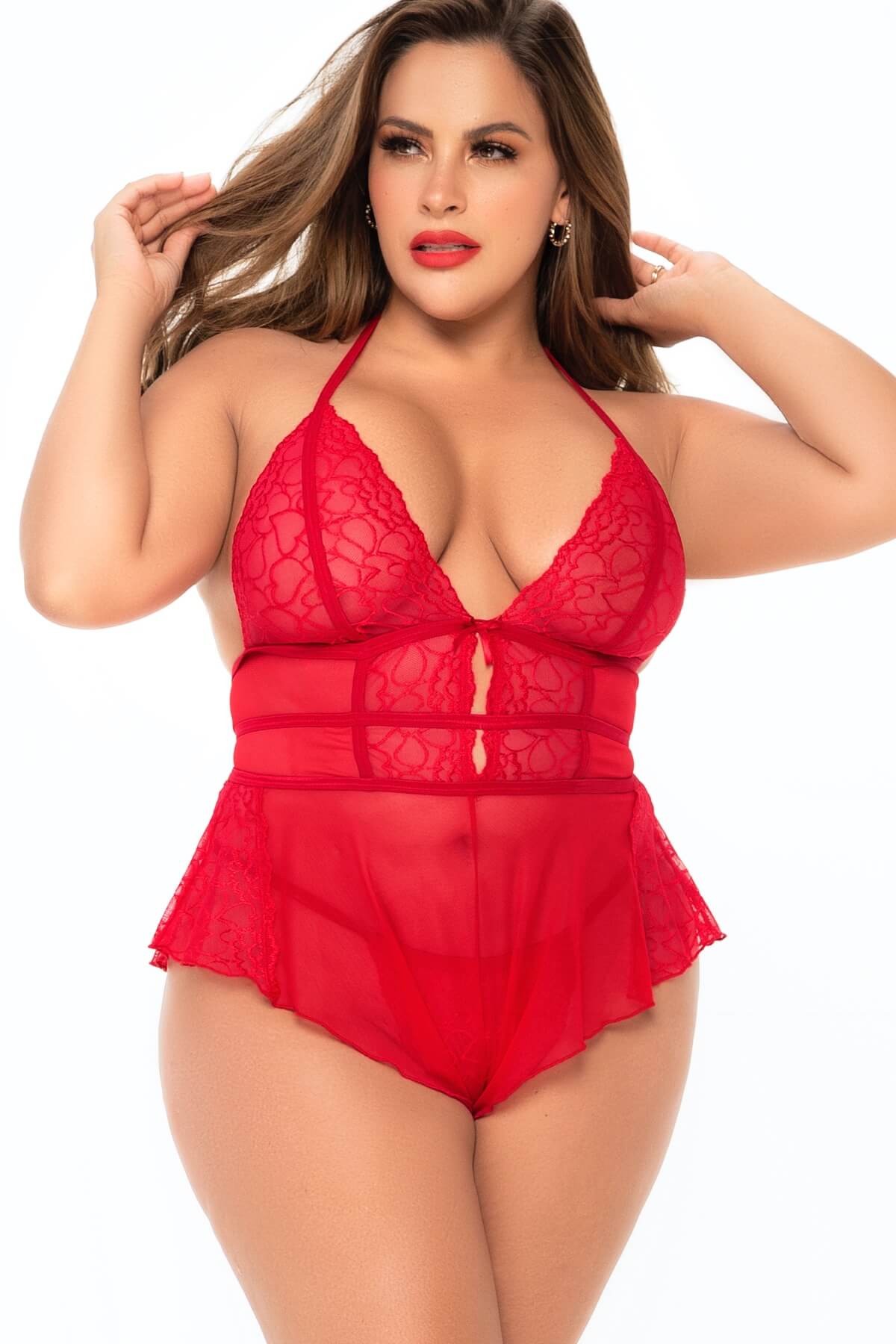Body sexy de dama in marime plus-size din dantela cu volanse Valentine, Rosu