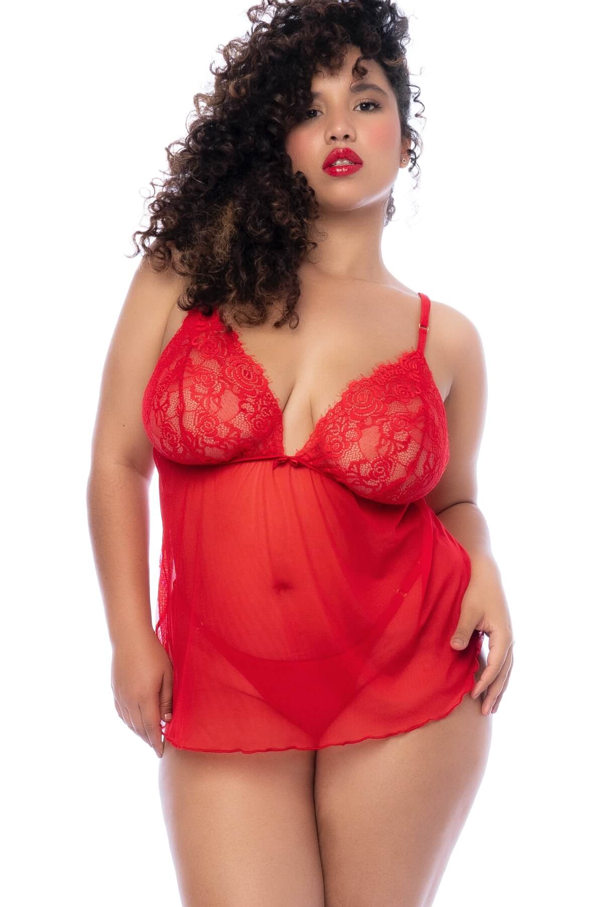 Babydoll plus-size din dantela si plasa rosie Sylvia