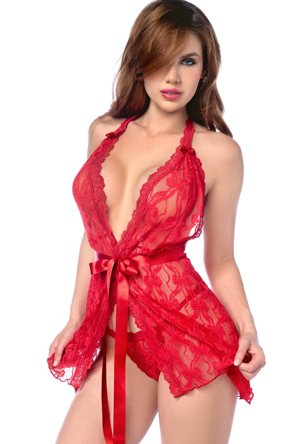 Babydoll senzual din dantela rosie cu cordon satinat Roxy