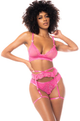 Set Sexy Lenjerie 3 Piese Dantela Roz Magnolia Mapale