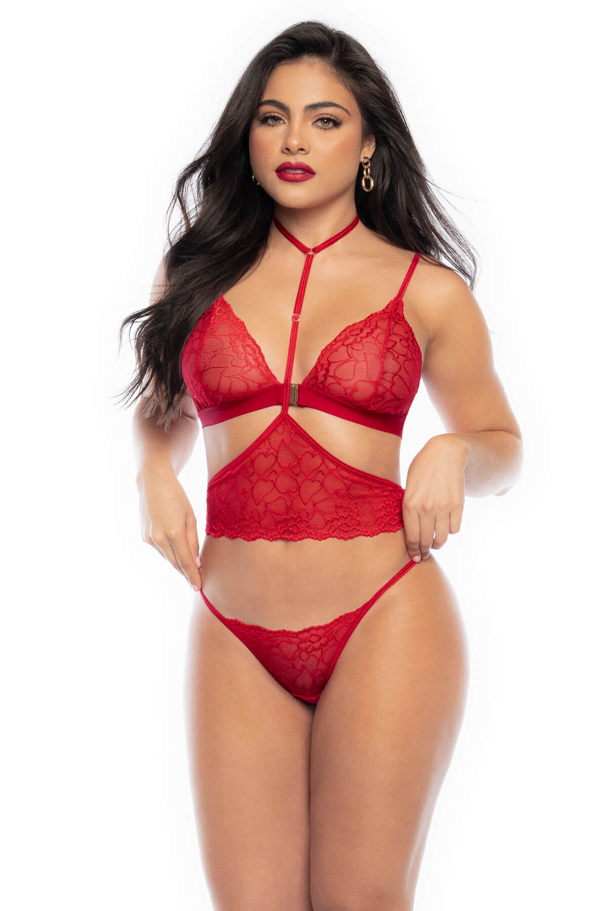 Set lenjerie intima pentru femei 3 piese din dantela rosie Ruby