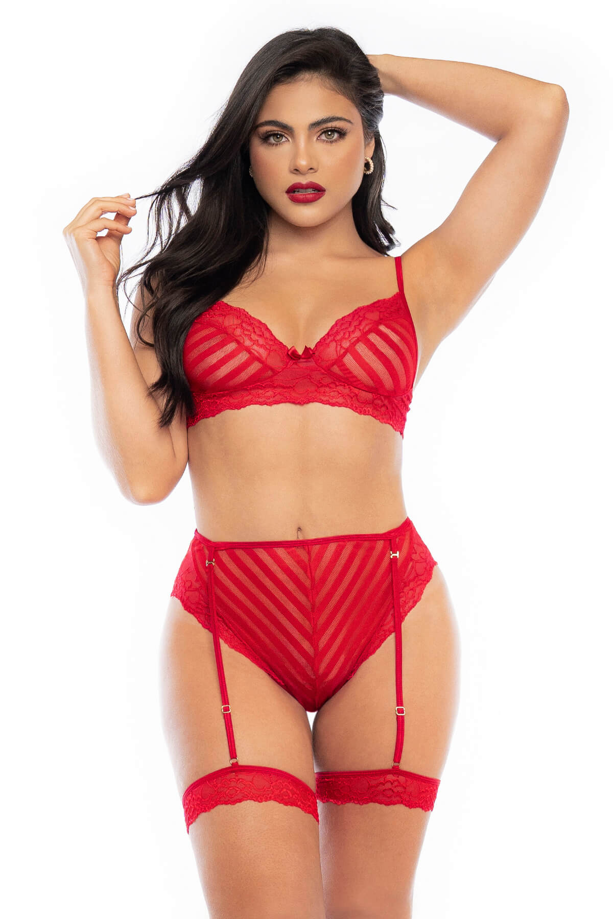 Set lenjerie intima rosie din dantela si mesh compus din sutien si chilot Candy