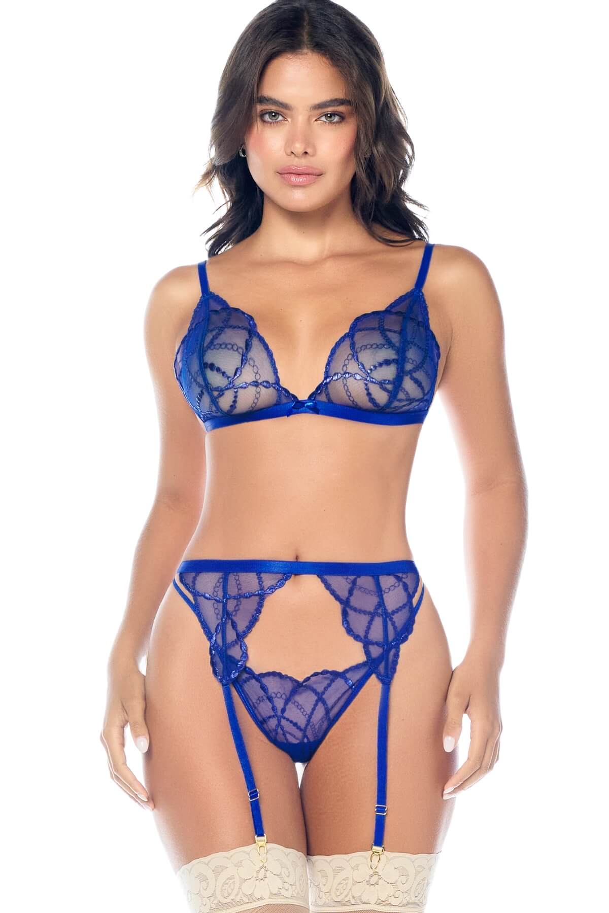Set de lenjerie intima de lux compus din 3 piese din broderie albastra Cleo - sutien, portjartier si chilot