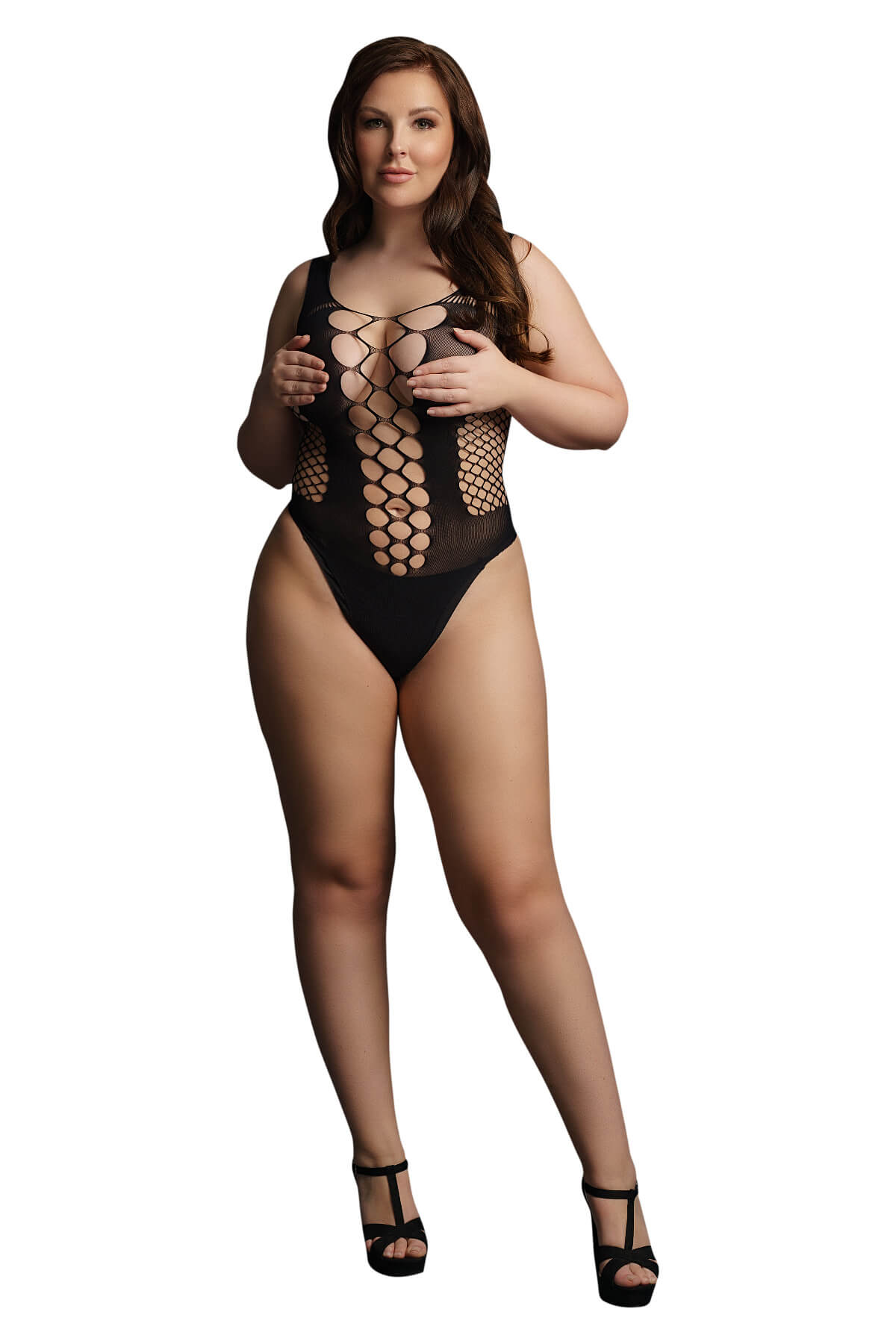 Body erotic plus-size din plasa cu model ochiuri mari la decolteu DES019, Negru, Fata