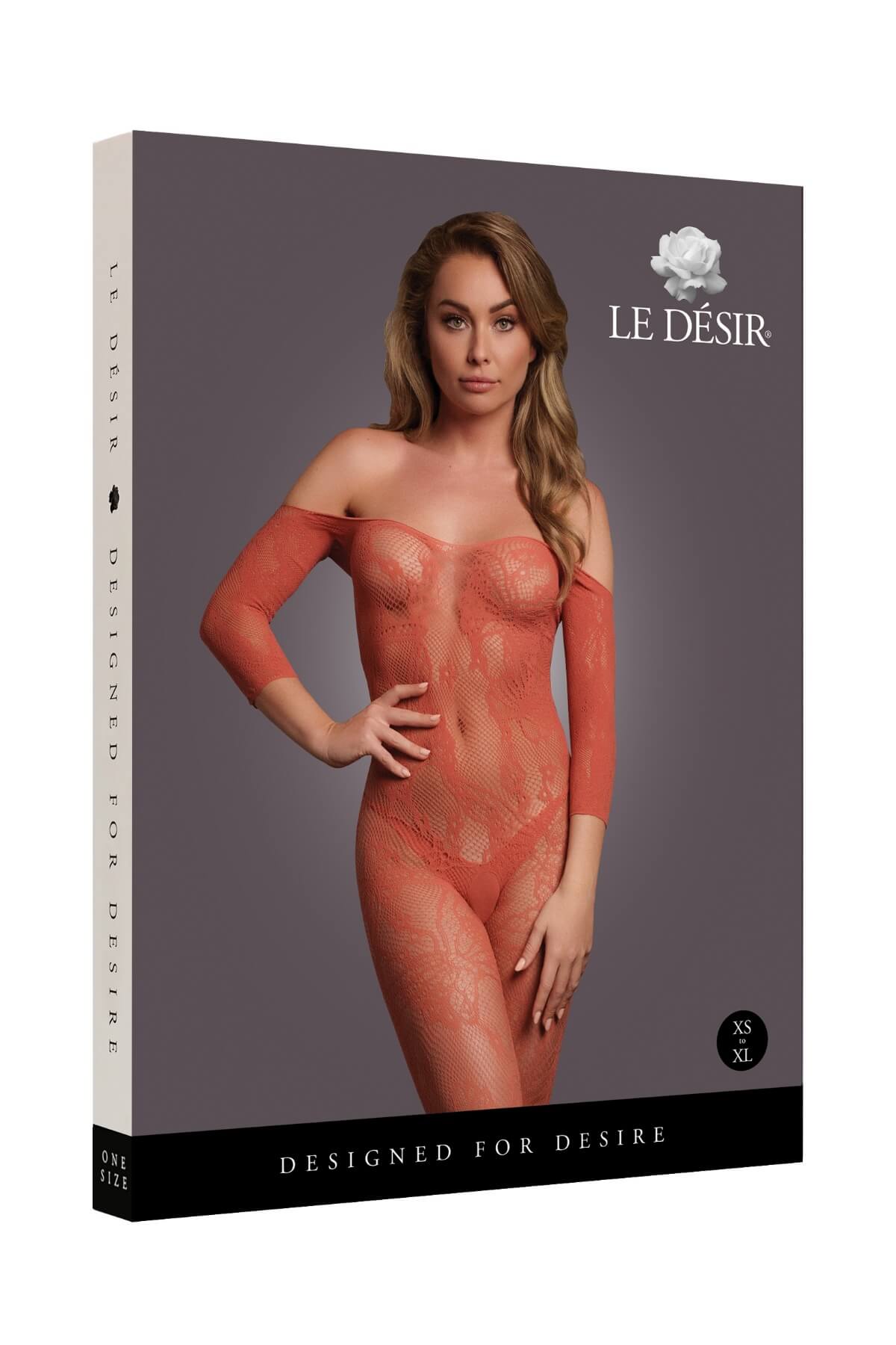 Catsuit din material plasa cu umeri goi DES033, Rosu Coral, Cutie