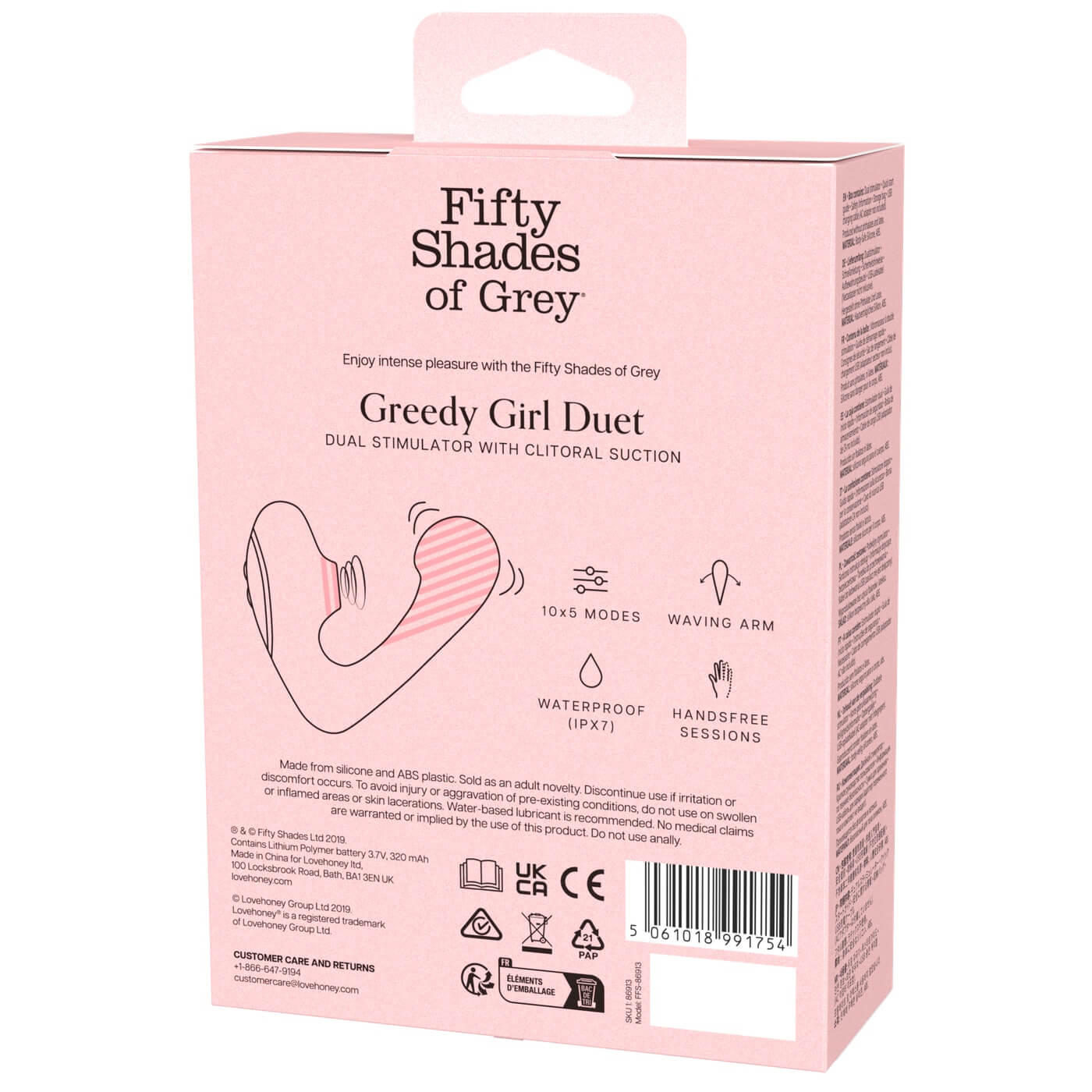 Fifty Shades of Grey – Greedy Girl Duet uneste pulsația fină a unui stimulator clitoridian și un vibrator care stimuleaza punctul G prin mișcări înainte și înapoi - box back