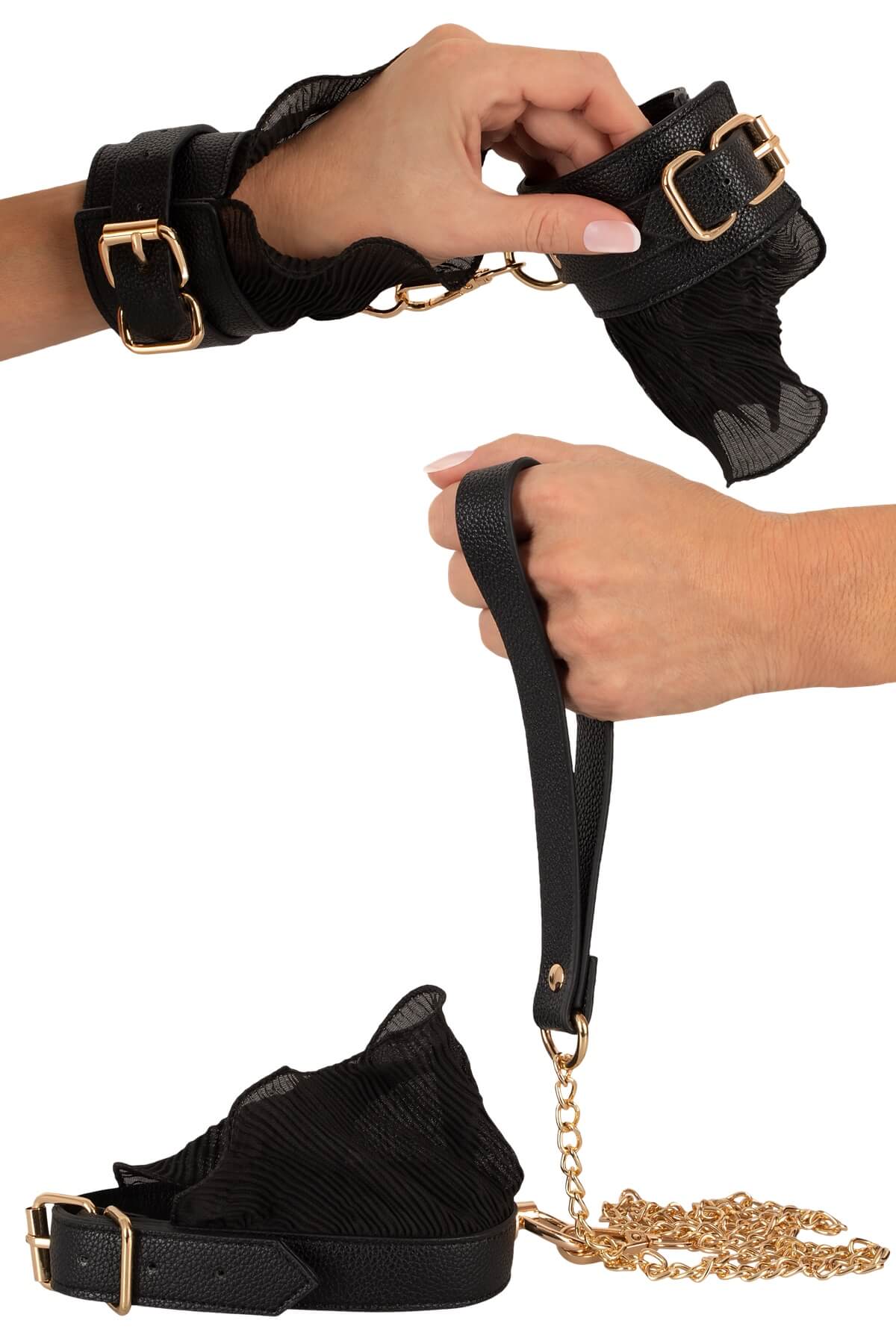 Set de accesorii erotice BDSM Lace & Leather – Choker, Lesă și Cătușe Elegante - din piele vegană și dantelă - 3 piese de lux